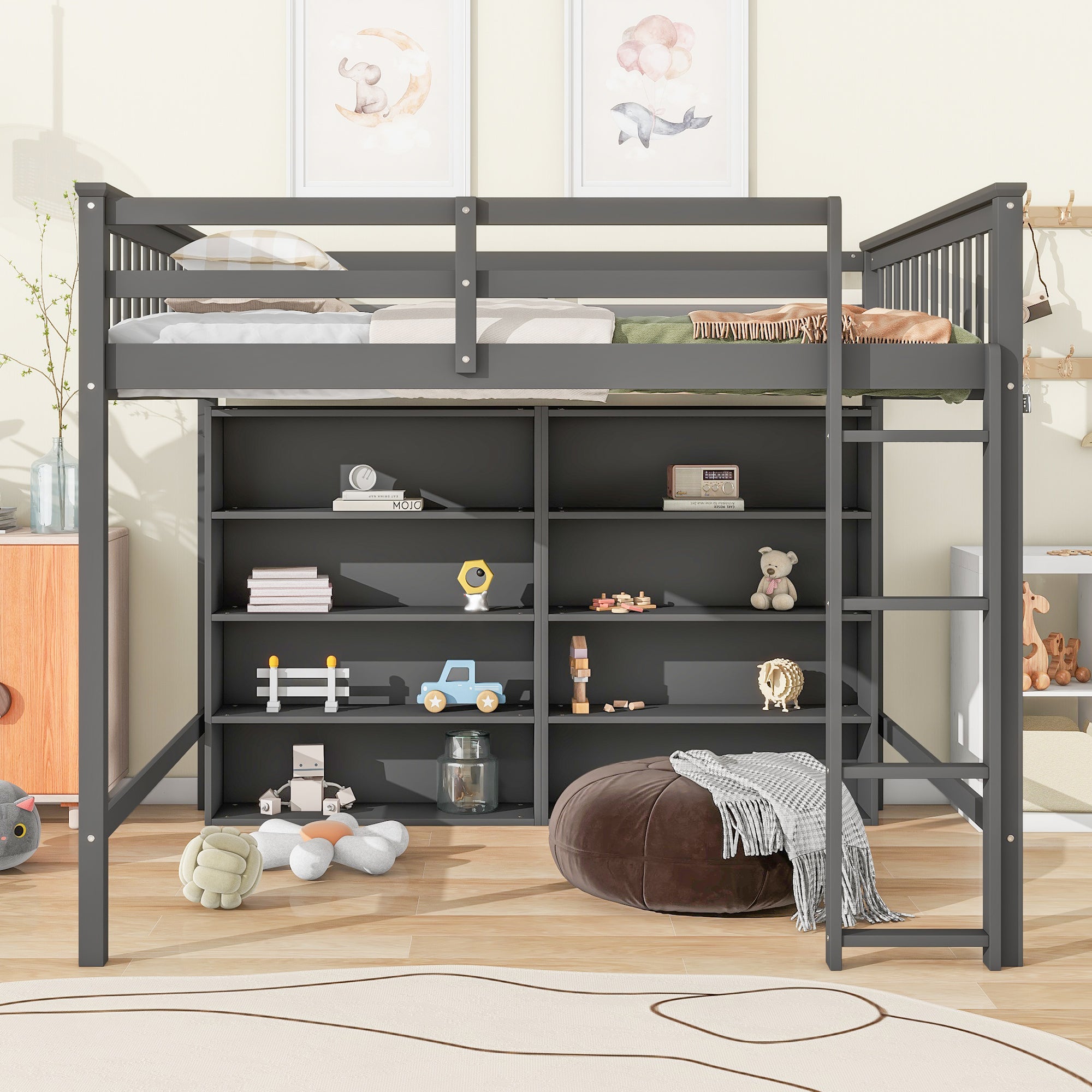 Full Size Loft Bed with 8 Open Storage Shelves and Built-in Ladder, Gray - Atlantic Fine Furniture Melbourne FL