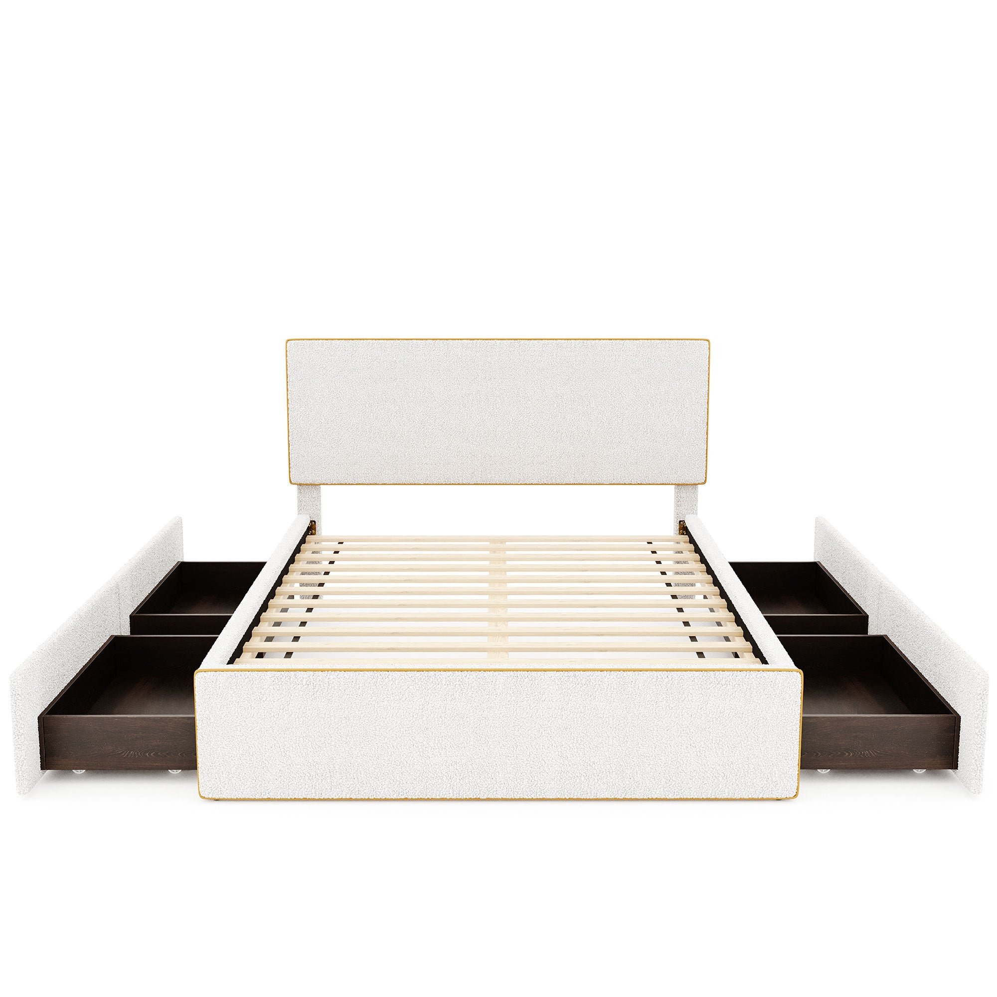 Full Size Upholstered Platform Bed with 4 Drawers and Golden Edge on the Headboard & Footboard, White - Atlantic Fine Furniture Melbourne FL
