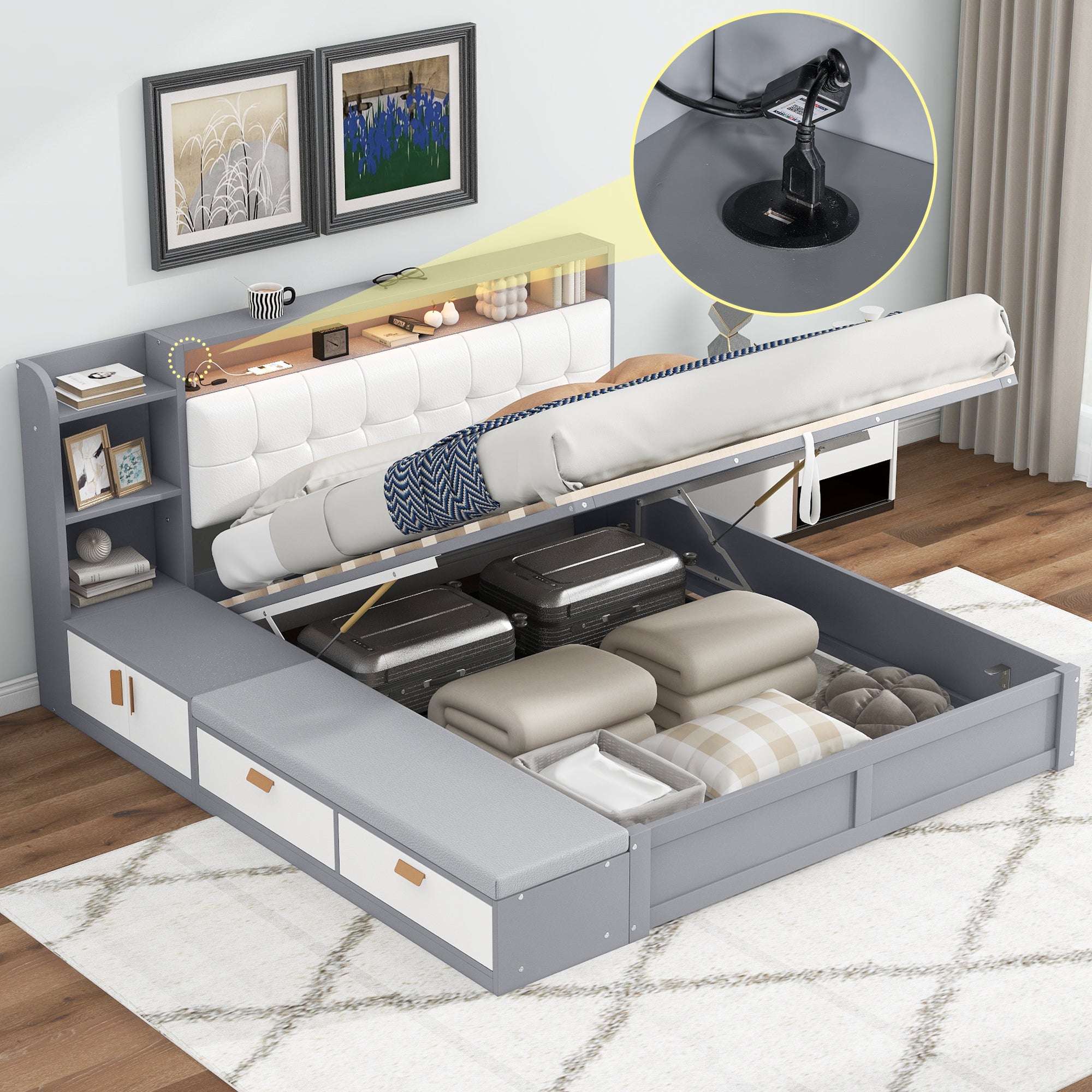 Queen Size Platform Bed Frame with Upholstery Headboard and Storage Shelves and,USB Charging,Gray - Atlantic Fine Furniture Melbourne FL