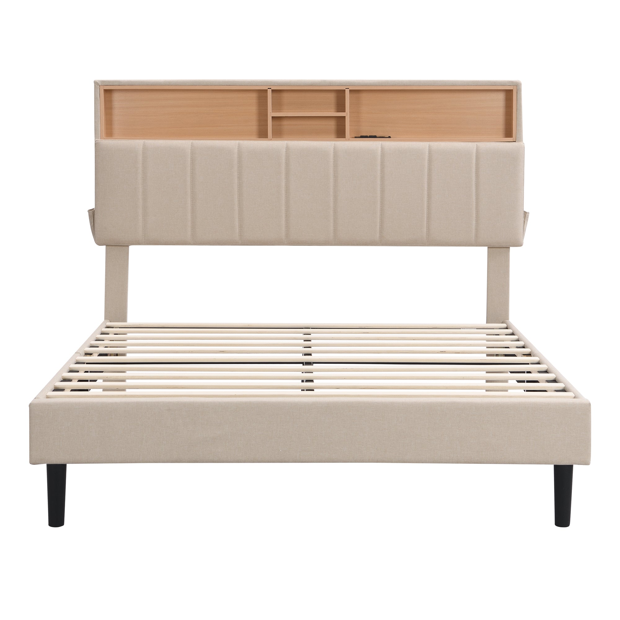 Full size Upholstered Platform Bed with Storage Headboard and USB Port, Linen Fabric Upholstered Bed (Beige)