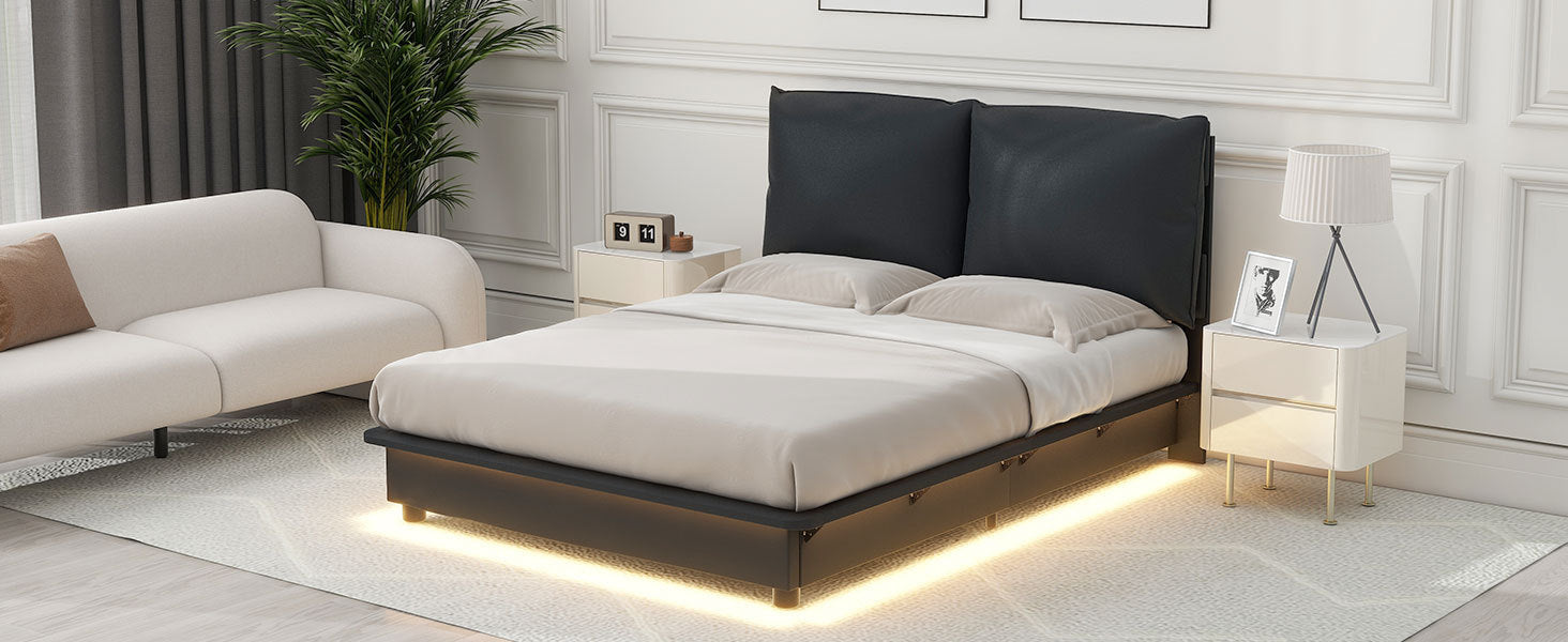 Full Size Upholstered Platform Bed with Sensor Light and Ergonomic Design Backrests, Black - Atlantic Fine Furniture Melbourne FL