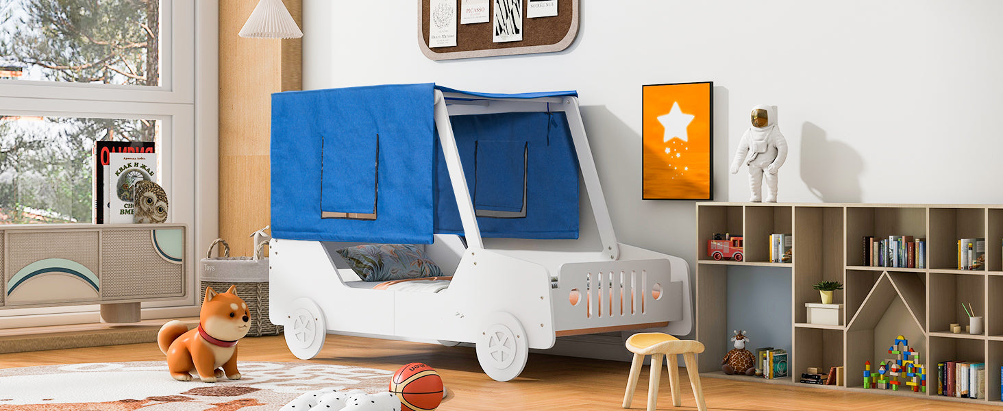 Twin Size Car Shaped Bed with Tents,White - Atlantic Fine Furniture Melbourne FL