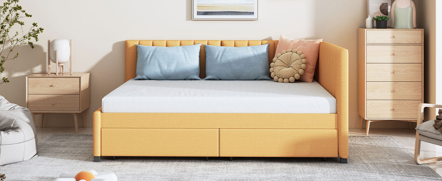 Full Size Upholstered Daybed with 2 Storage Drawers Sofa Bed Frame No Box Spring Needed, Linen Fabric (Yellow) - Atlantic Fine Furniture Melbourne FL