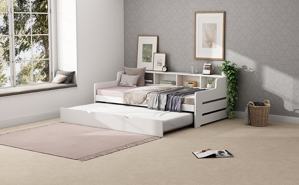 Twin Size Wooden Day Bed with Trundle for Guest Room, Small Bedroom, Study Room, White - Atlantic Fine Furniture Melbourne FL