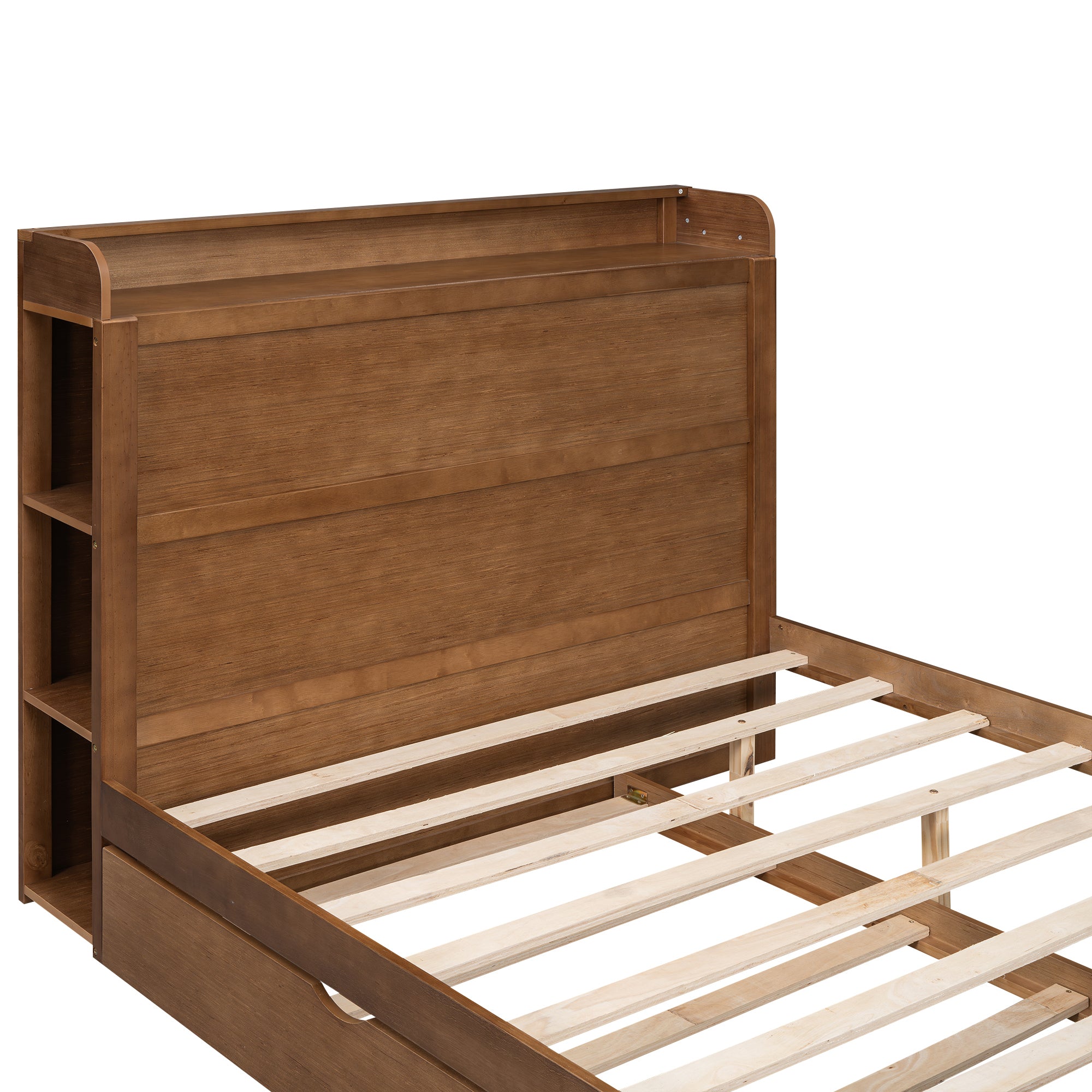 Full Size Platform Bed with Storage Headboard and Twin Size Trundle, Walnut - Atlantic Fine Furniture Melbourne FL