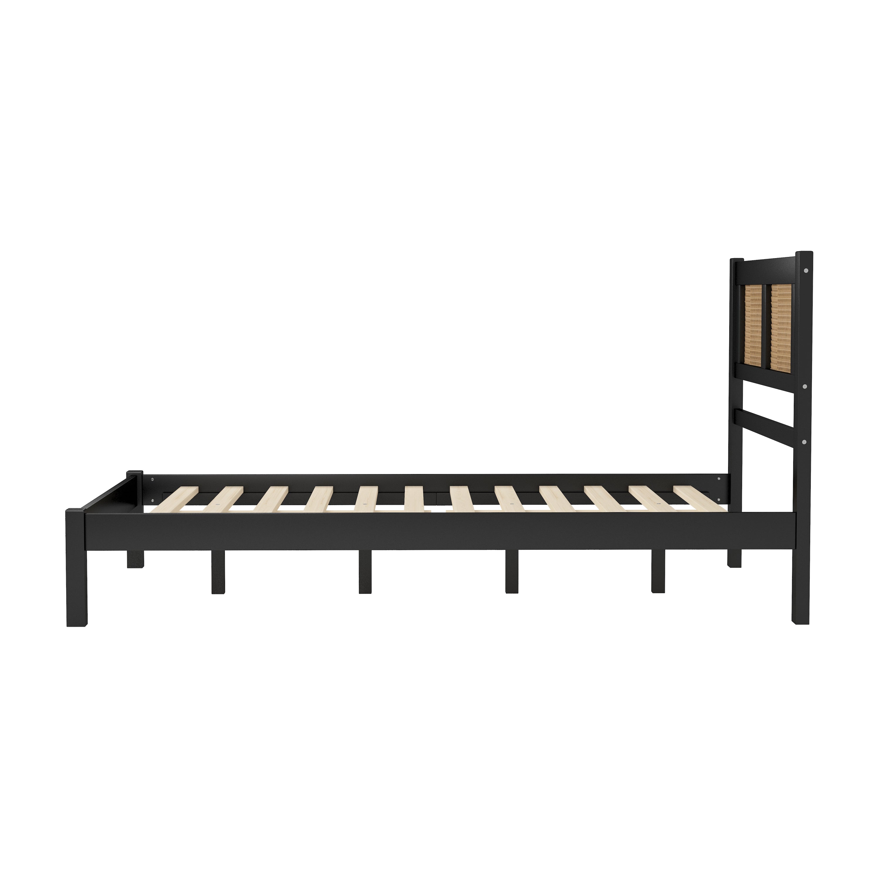 Full Size Wooden Platform Bed with Natural Rattan Headboard, Exquisite Elegance with Minimalist Charm for Bedroom, Black - Atlantic Fine Furniture Melbourne FL