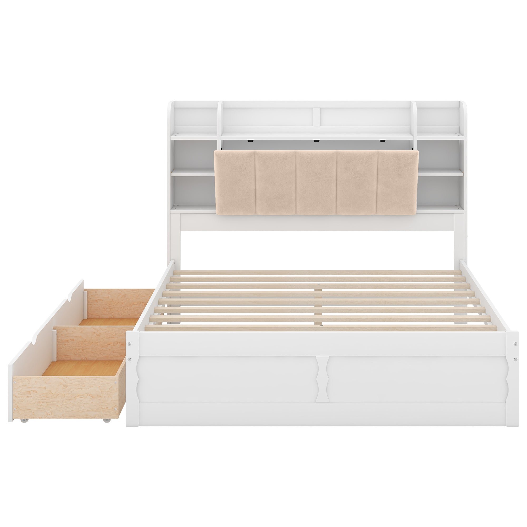 Wood Queen Size Platform Bed with Storage Headboard, Shelves and 2 Drawers, White - Atlantic Fine Furniture Melbourne FL