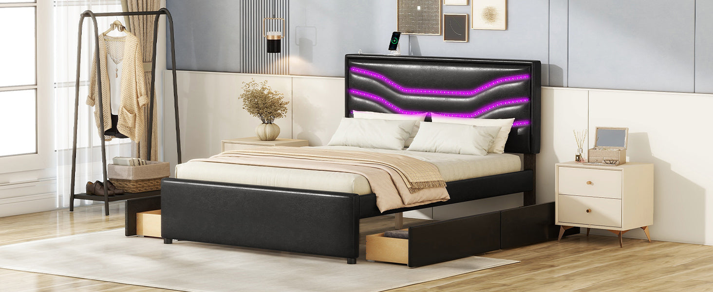 Queen Size Upholstered Storage Platform Bed with LED, 4 Drawers and USB Charging, Black - Atlantic Fine Furniture Melbourne FL