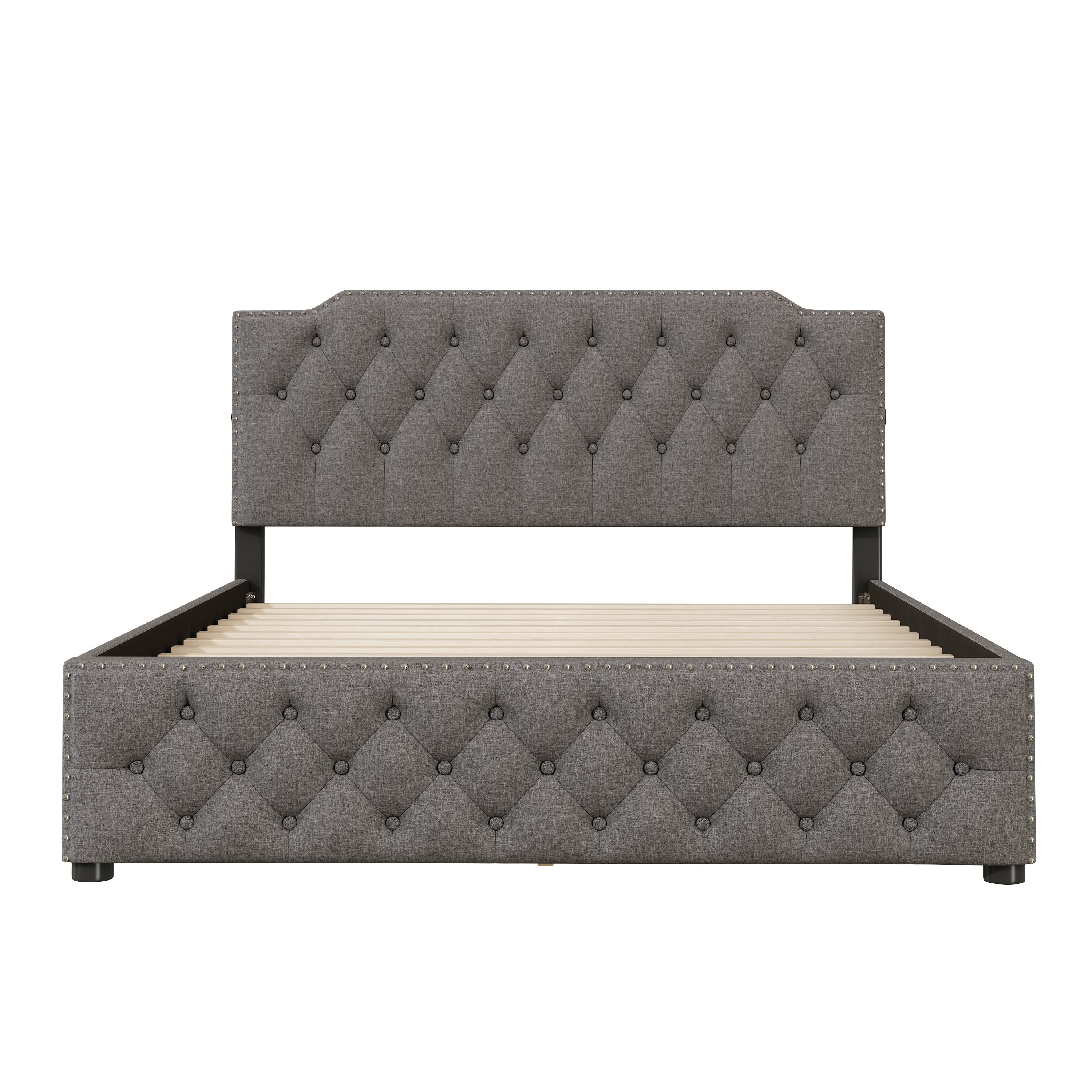 Queen Size Upholstered Platform Bed with 2 Drawers and 2 sets of USB Ports on each side, Linen Fabric, Gray - Atlantic Fine Furniture Melbourne FL