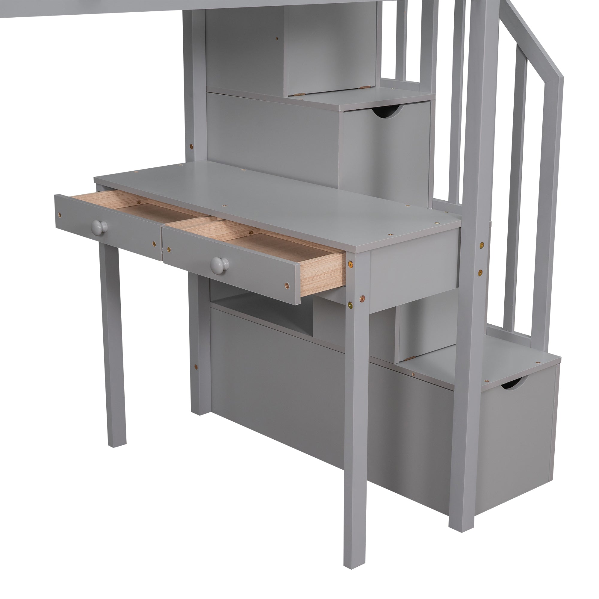 Twin size Loft Bed with Storage Drawers ,Desk and Stairs, Wooden Loft Bed with Shelves - Gray - Atlantic Fine Furniture Melbourne FL