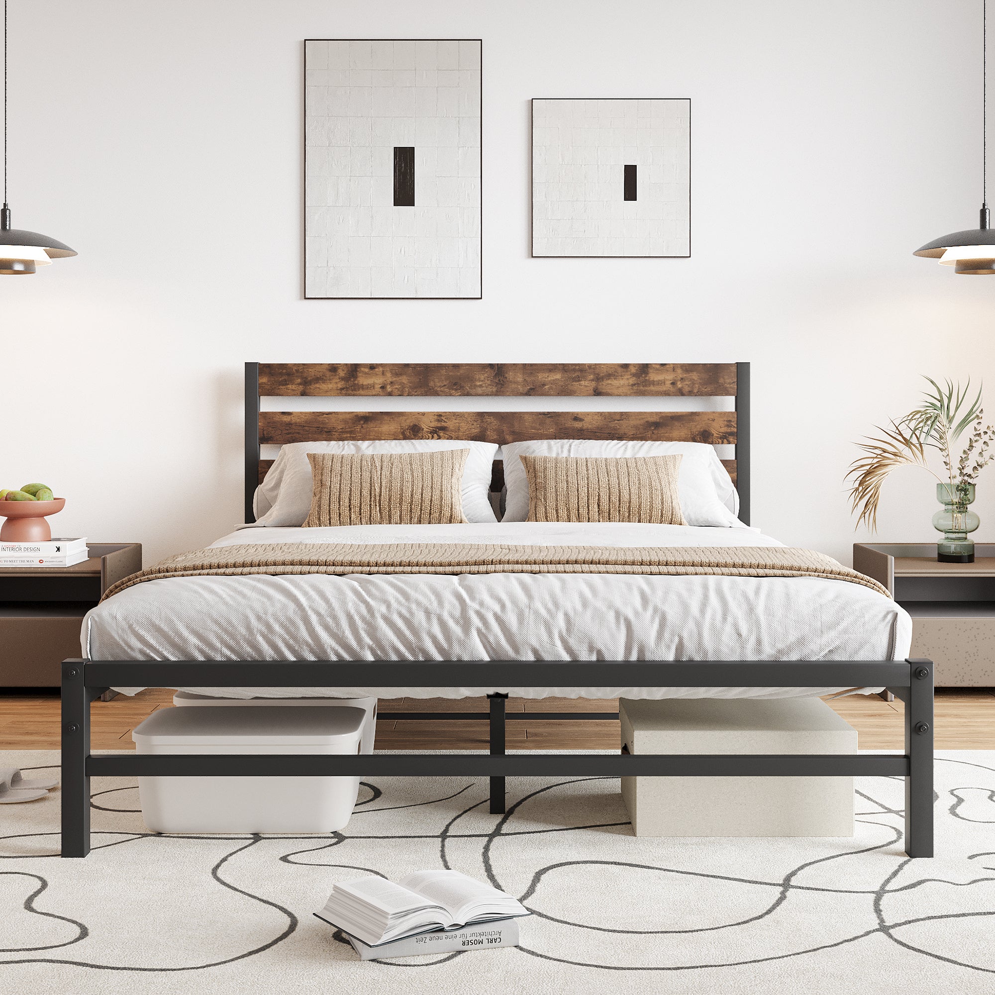Platform Queen Size Bed Frame with Rustic Vintage Wood Headboard, Strong Metal Slats Support Mattress Foundation, No Box Spring Needed Rustic Brown - Atlantic Fine Furniture Melbourne FL