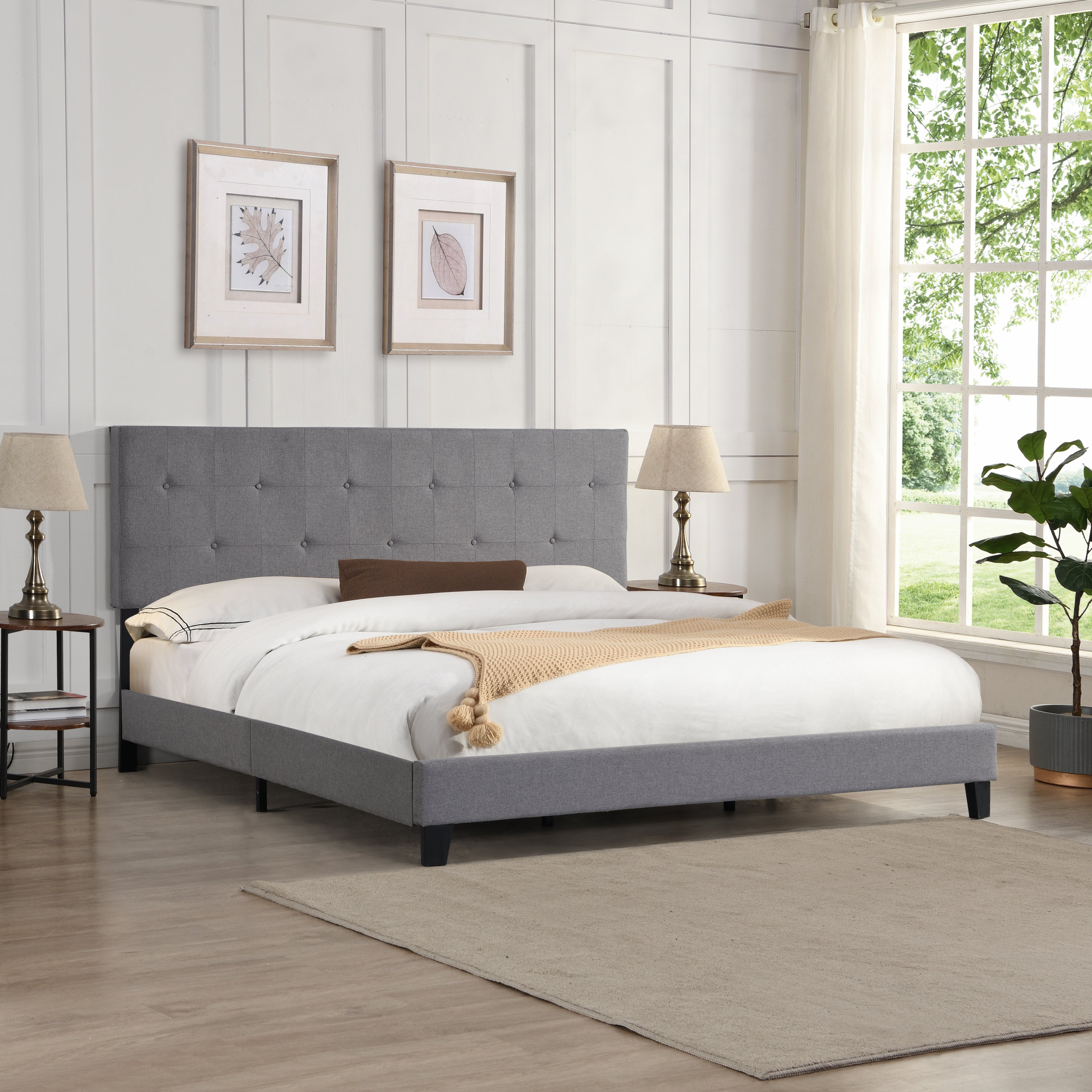 King Size Upholstered Platform Bed Frame with Button Tufted Linen Fabric Headboard, No Box Spring Needed, Wood Slat Support, Easy Assembly, Gray