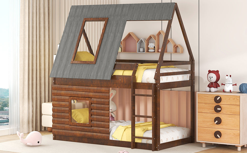 Wood Twin Size House Bunk Bed with Roof, Ladder and 2 Windows, Oak & Smoky Grey - Atlantic Fine Furniture Melbourne FL