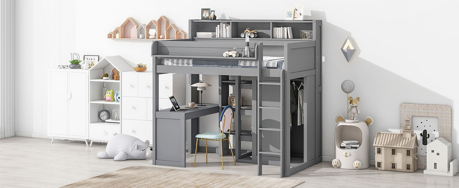 Wood Twin Size Loft bed with Multiple Storage Shelves and Wardrobe, Gray - Atlantic Fine Furniture Melbourne FL