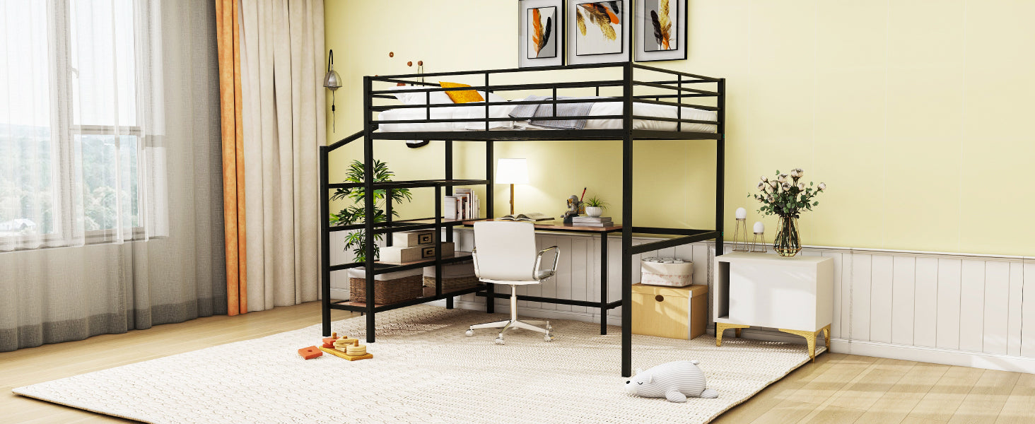 Full Size Metal Loft Bed with Desk and Lateral Storage Ladder, Black - Atlantic Fine Furniture Melbourne FL