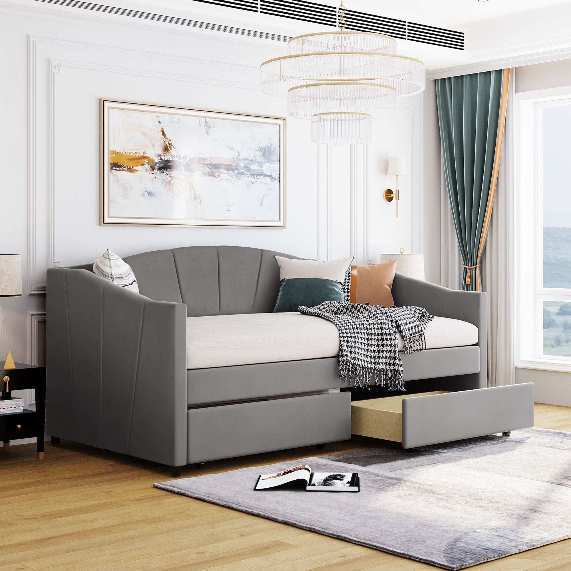 Upholstered daybed Twin Size with Two Drawers and Wood Slat ,Gray - Atlantic Fine Furniture Melbourne FL