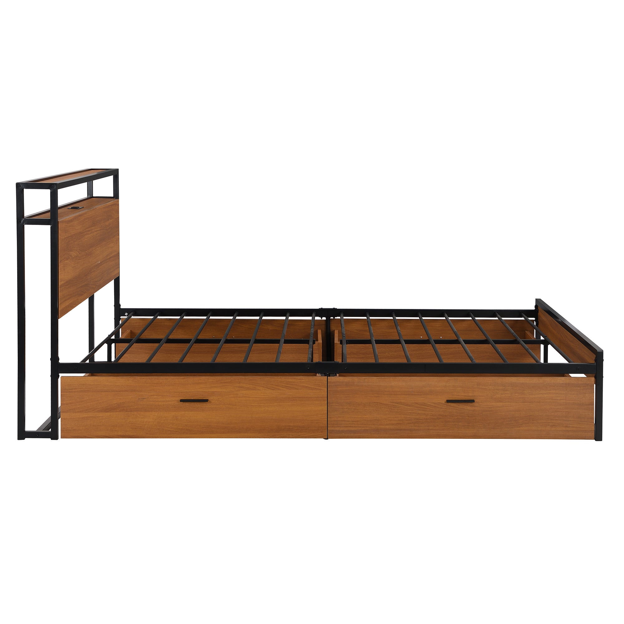 Queen Size Metal Platform Bed Frame with Four Drawers,Sockets and USB Ports ,Slat Support No Box Spring Needed Black - Atlantic Fine Furniture Melbourne FL