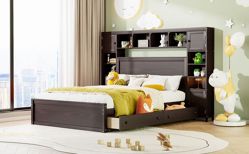 Queen Size Wooden Bed With All-in-One Cabinet, Shelf and Sockets, Espresso - Atlantic Fine Furniture Melbourne FL