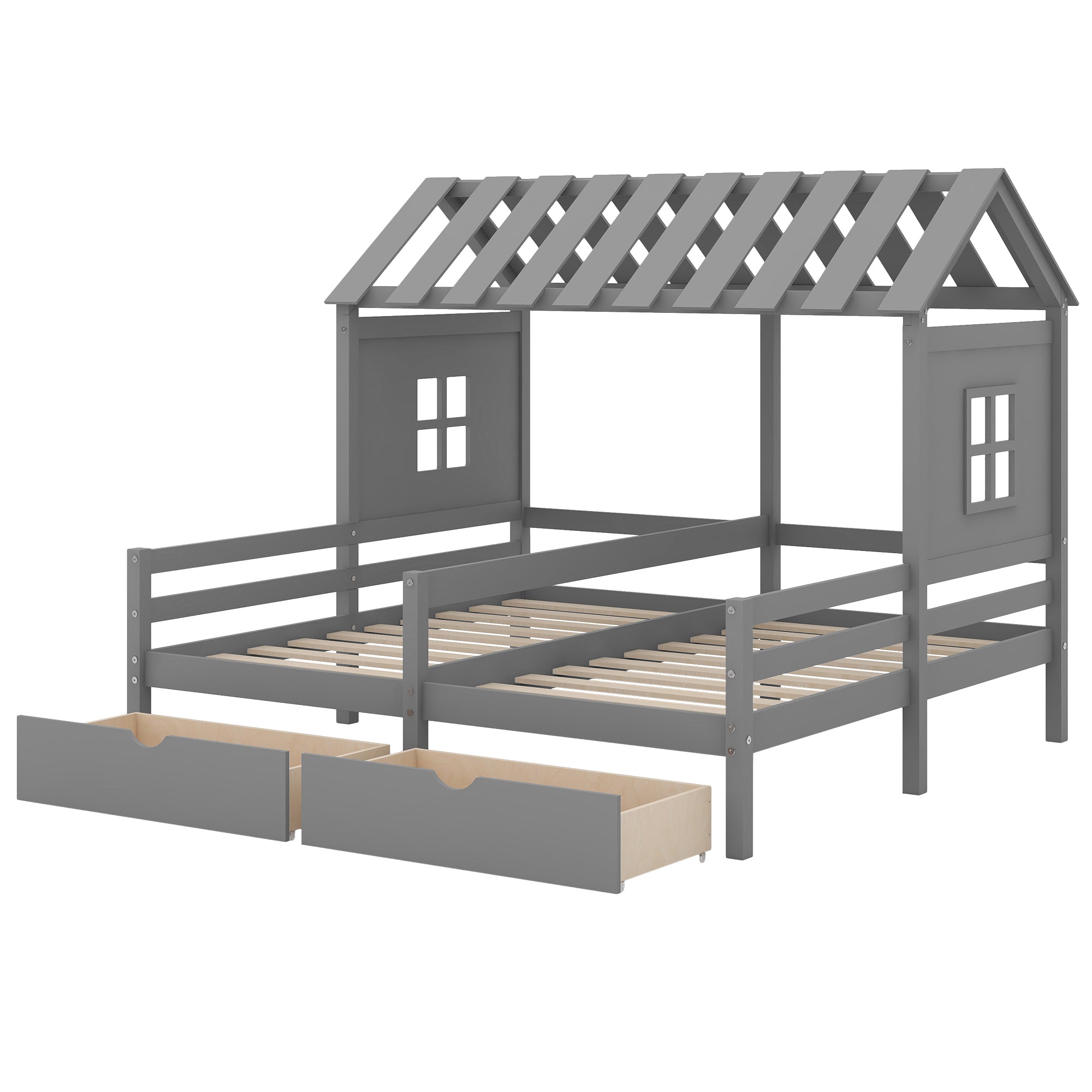 Twin Size House Platform Beds with Two Drawers for Boy and Girl Shared Beds, Combination of 2 Side by Side Twin Size Beds, Gray(old sku: GX000927AAE) - Atlantic Fine Furniture Melbourne FL