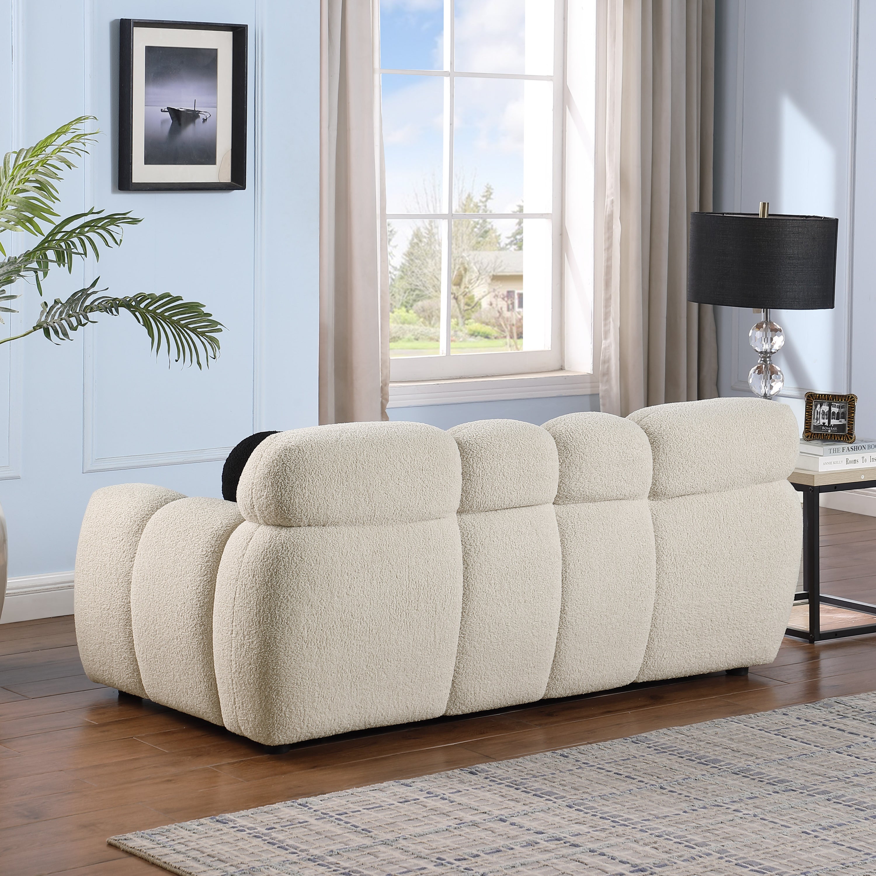 64.96 length ,35.83" deepth ,human body structure for USA people, marshmallow sofa,boucle sofa ,2 seater, BEIGE BOUCLE