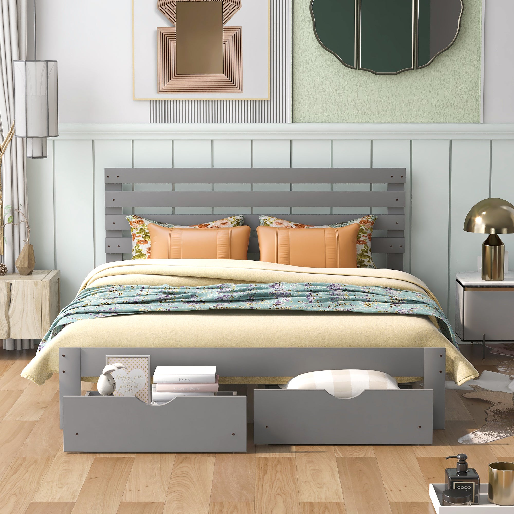 Queen Size Platform Bed with Drawers, Gray(New SKU:WF288469AAE) - Atlantic Fine Furniture Melbourne FL