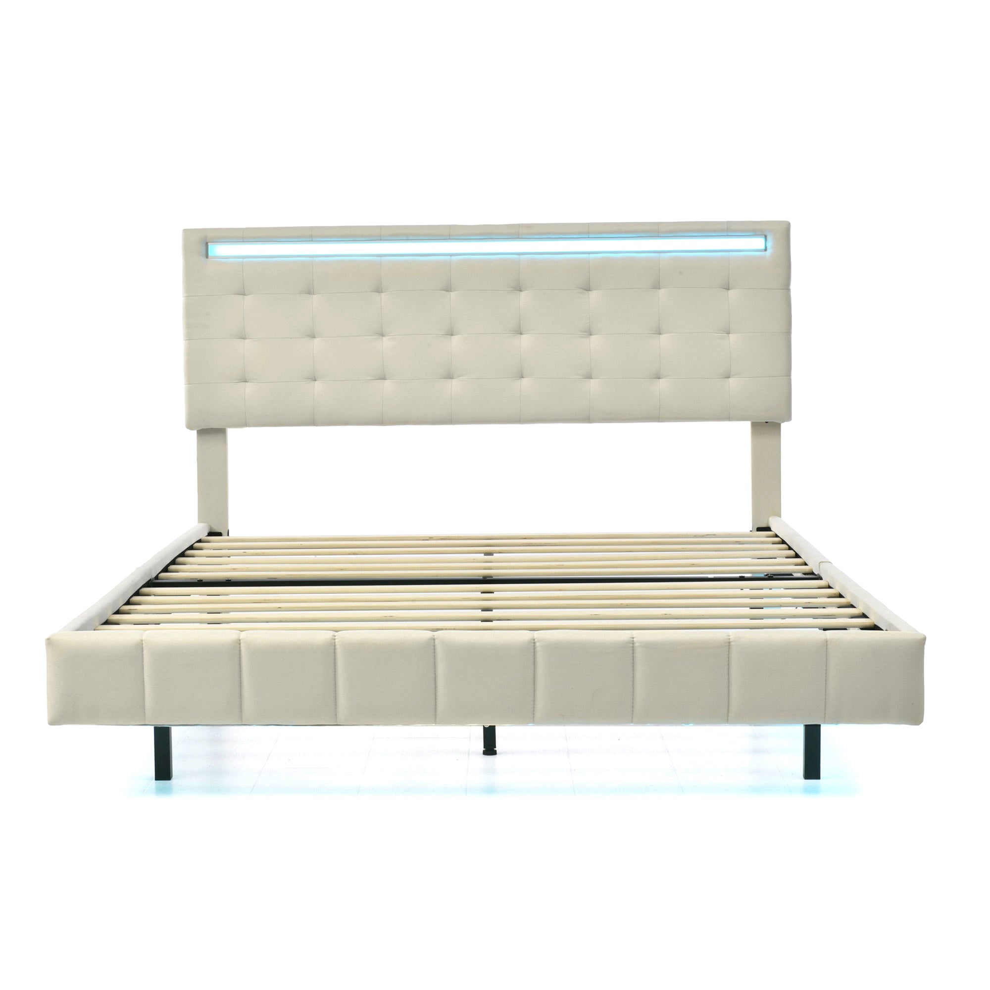 Queen Size Floating Bed Frame with LED Lights and USB Charging,Modern Upholstered Platform LED Bed Frame,Beige - Atlantic Fine Furniture Melbourne FL