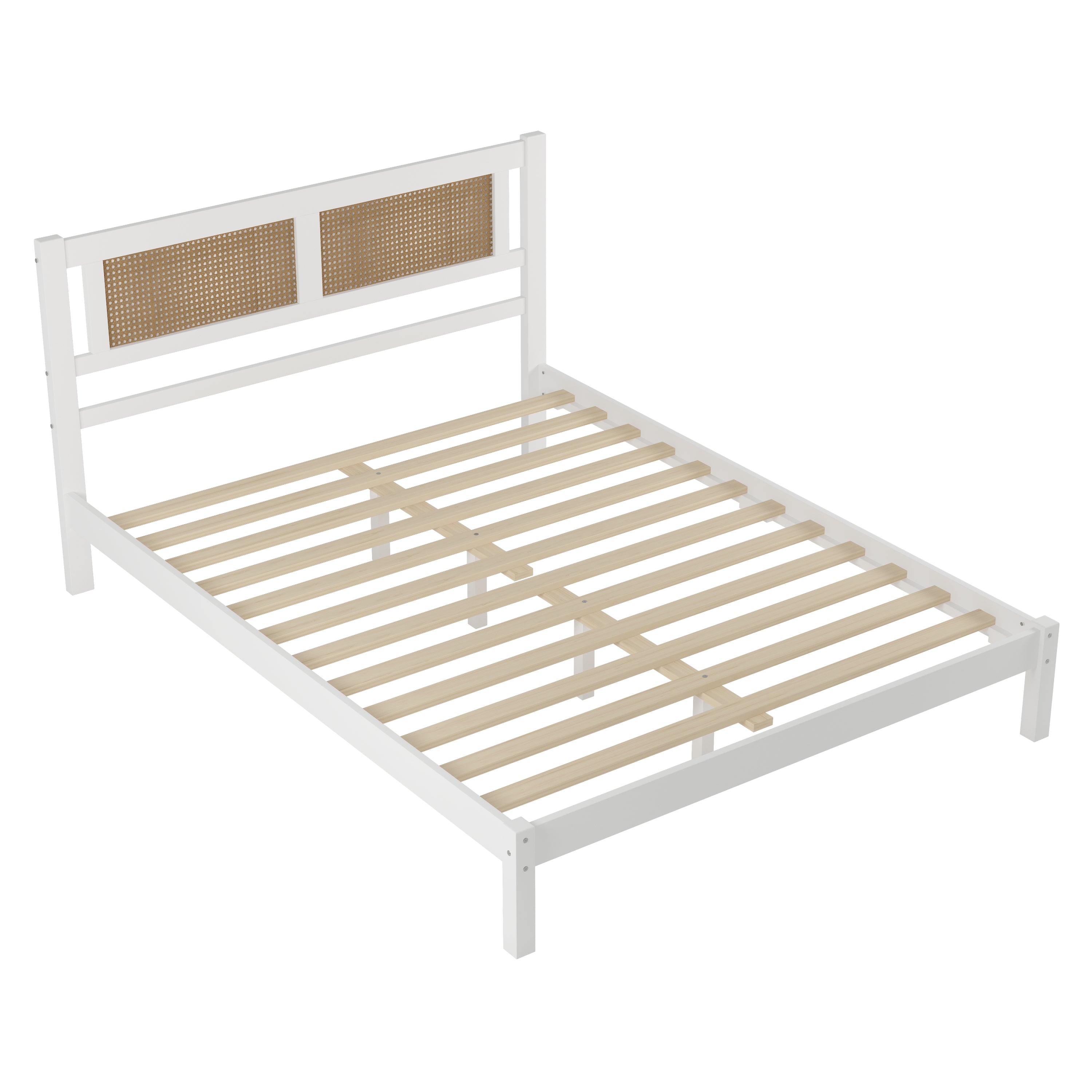 Queen Size Wood Platform Bed with Natural Rattan Headboard,Exquisite Elegance with Minimalist Charm for Bedroom,White - Atlantic Fine Furniture Melbourne FL
