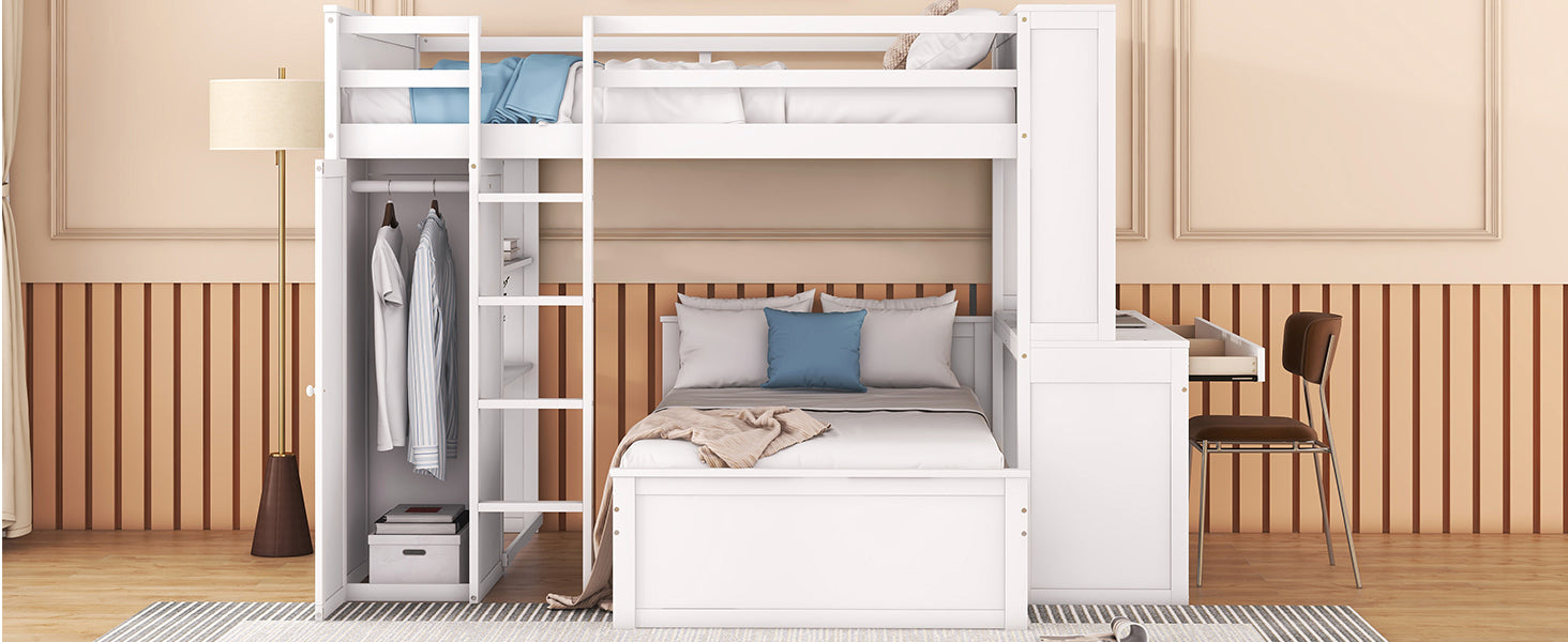 Full size Loft Bed with a twin size Stand-alone bed, Shelves,Desk,and Wardrobe-White