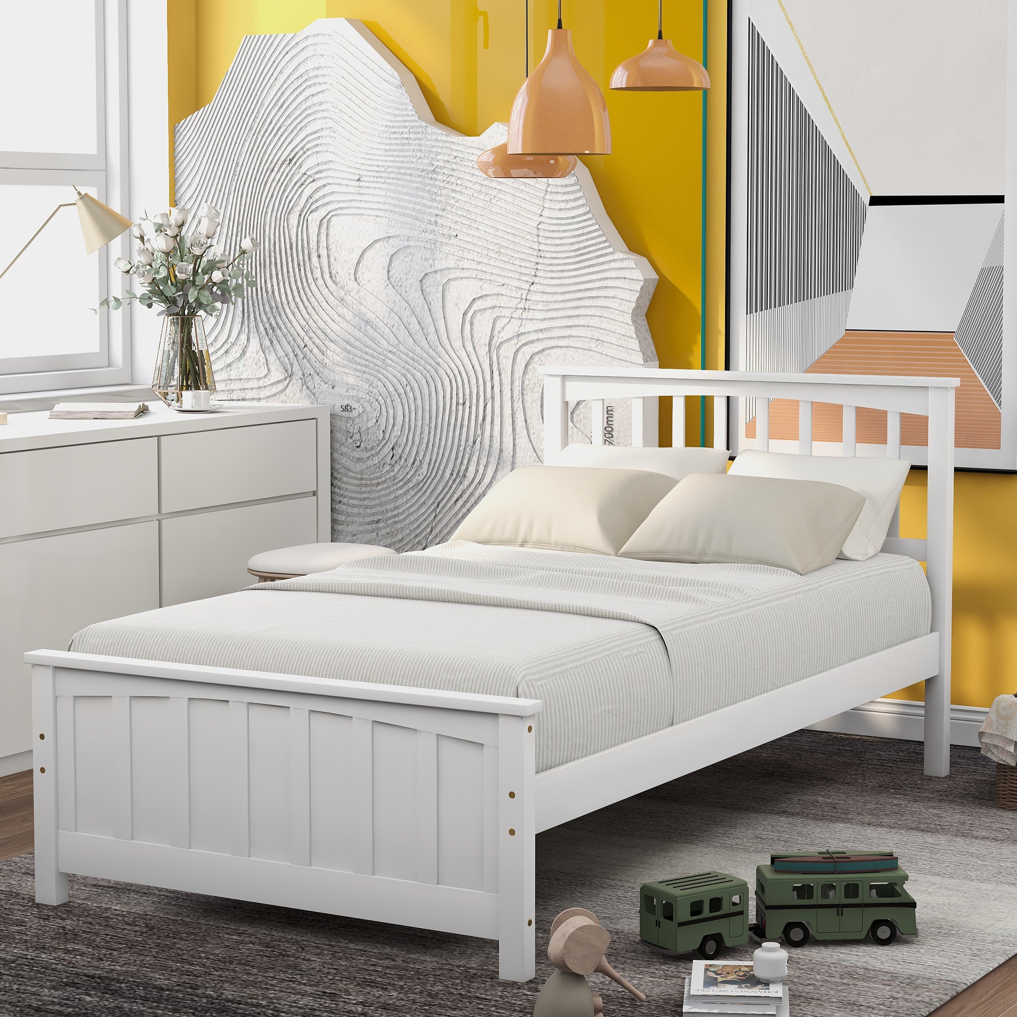 Wood Platform Bed Twin size Platform Bed, White(Old Sku:WF190776AAK Less two center support legs)