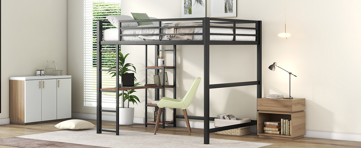 Full Size Metal Loft Bed with Built-in Desk and Storage Shelves, Black