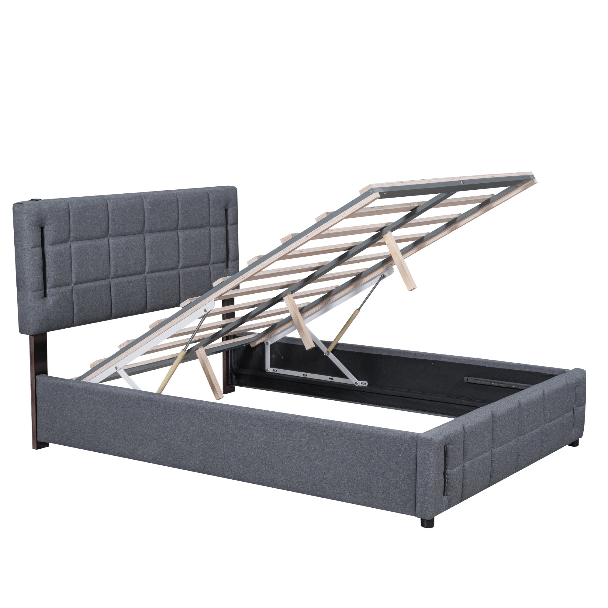 Queen Size Upholstered Bed with Hydraulic Storage System and LED Light, Gray - Atlantic Fine Furniture Melbourne FL