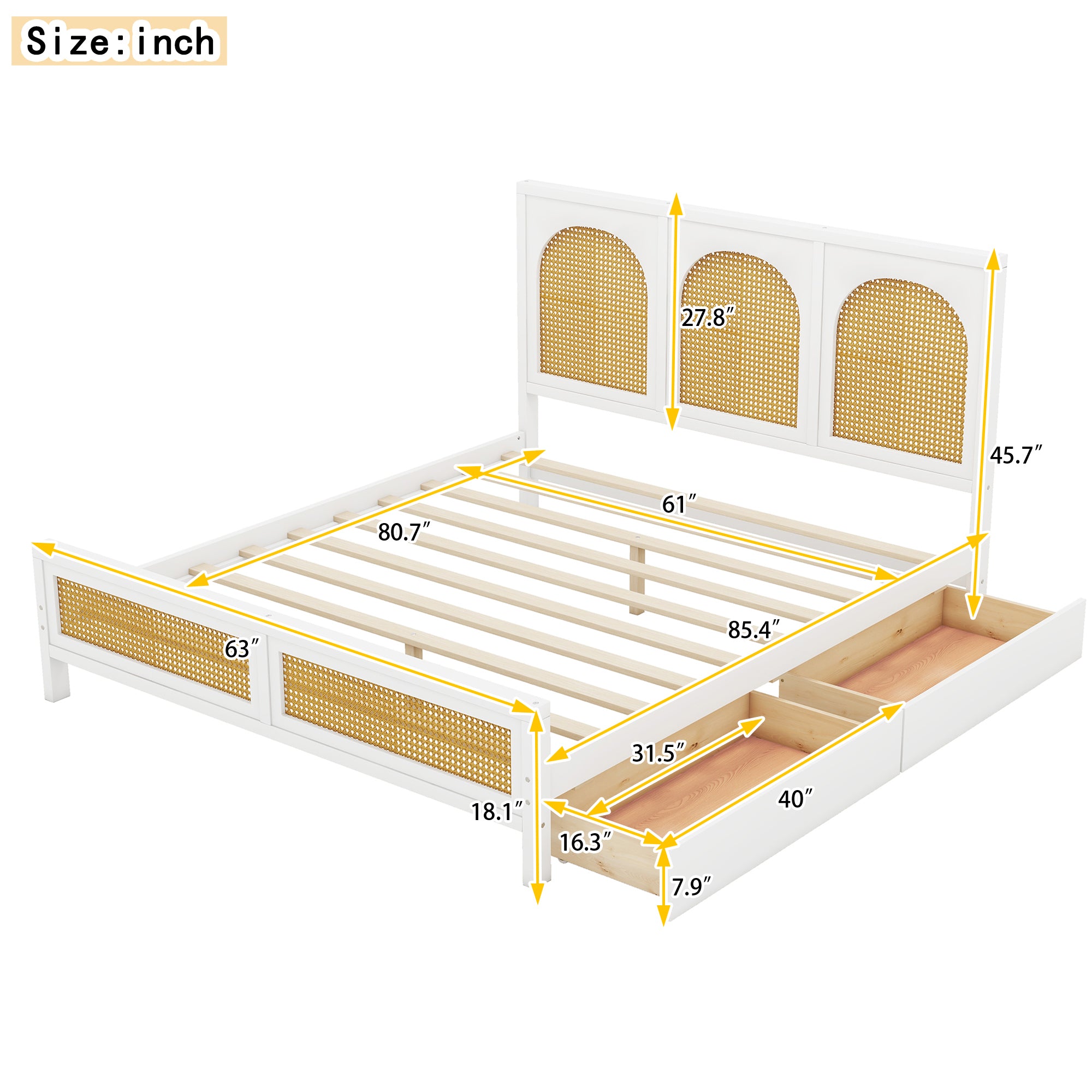 Queen Size Wood Storage Platform Bed with 2 Drawers, Rattan Headboard and Footboard, White - Atlantic Fine Furniture Melbourne FL