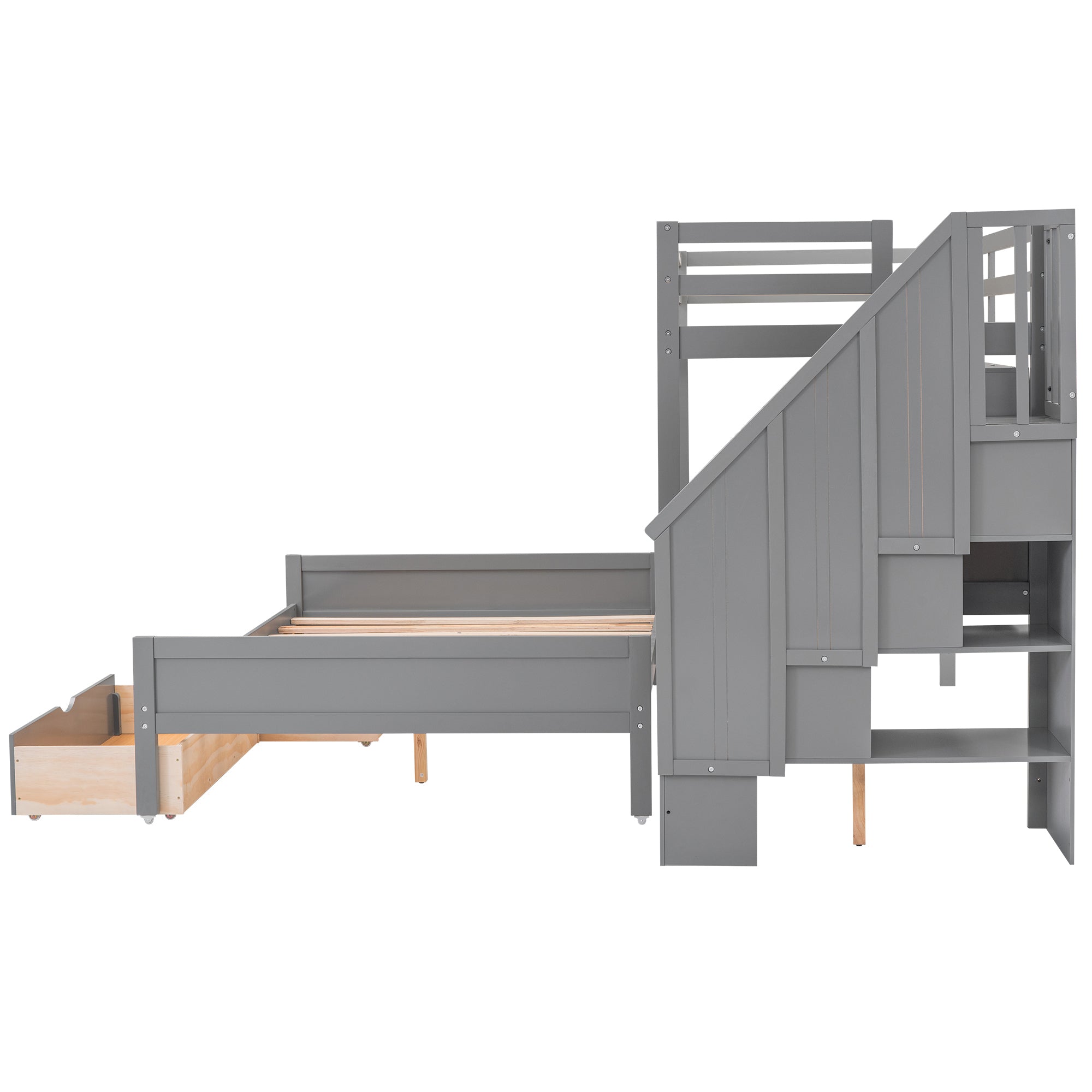 Twin XL over Full Bunk Bed with Built-in Storage Shelves, Drawers and Staircase,Gray - Atlantic Fine Furniture Melbourne FL