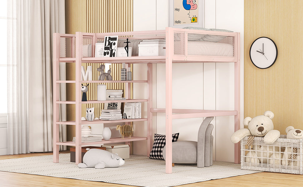 Twin Size Metal Loft Bed with 4-Tier Shelves and Storage, Pink - Atlantic Fine Furniture Melbourne FL