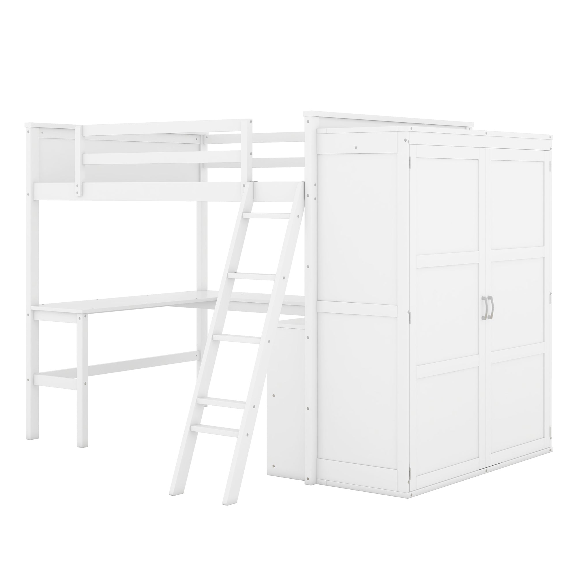 Full size Loft Bed with Desk, Shelves and Wardrobe-White - Atlantic Fine Furniture Melbourne FL