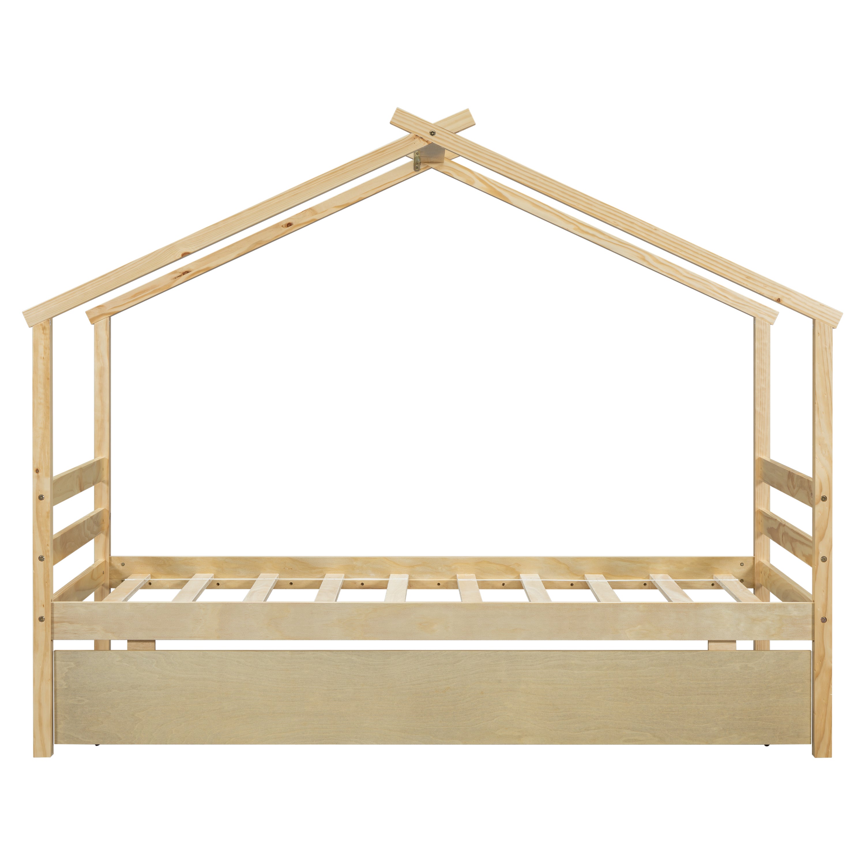 Twin Size House-shaped Bed with Trundle,Natural