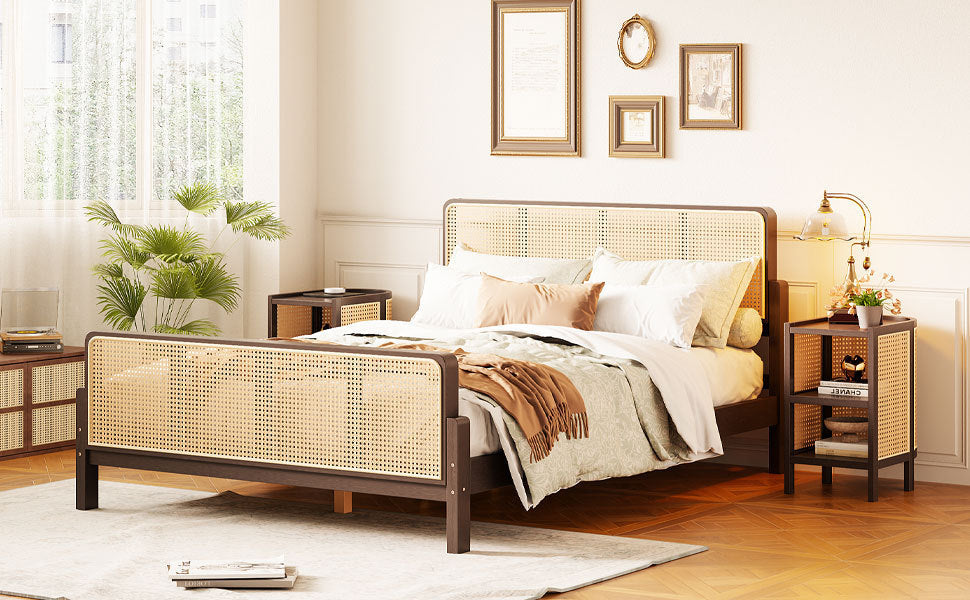 3 Pieces Rattan Platform Full Size Bed With 2 Nightstands,Walnut - Atlantic Fine Furniture Melbourne FL