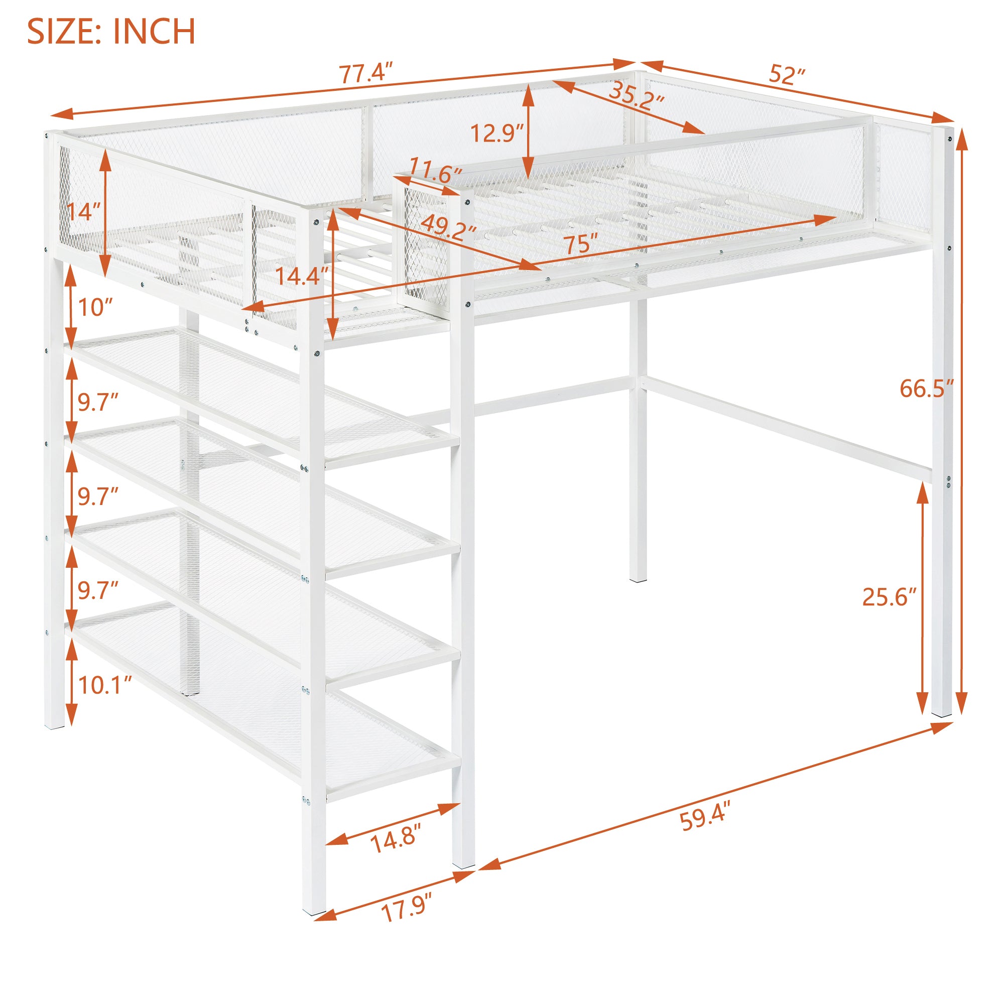 Twin Size Metal Loft Bed with 4-Tier Shelves and Storage, White - Atlantic Fine Furniture Melbourne FL