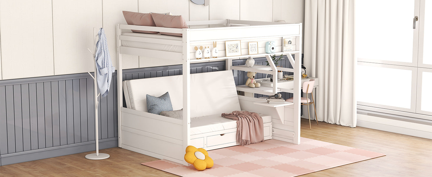 Wood Full Size Convertible Bunk Bed with Storage Staircase, Bedside Table, and 3 Drawers, White - Atlantic Fine Furniture Melbourne FL