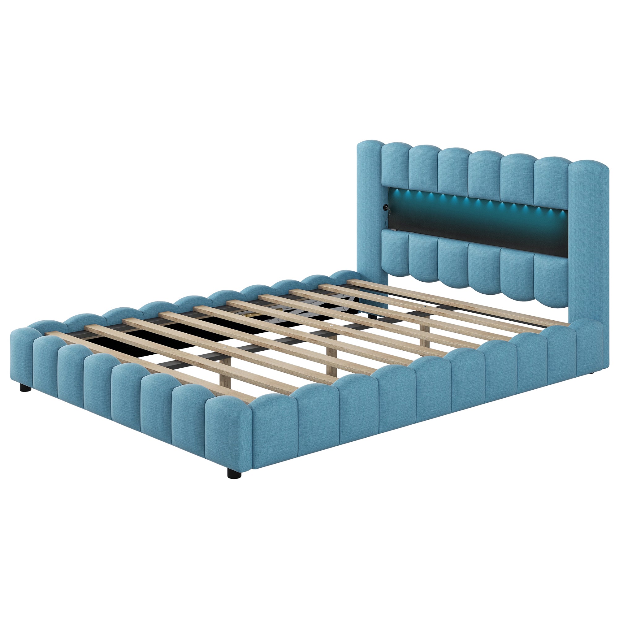 Queen Size Upholstered Platform Bed with LED Headboard and USB, Blue - Atlantic Fine Furniture Melbourne FL