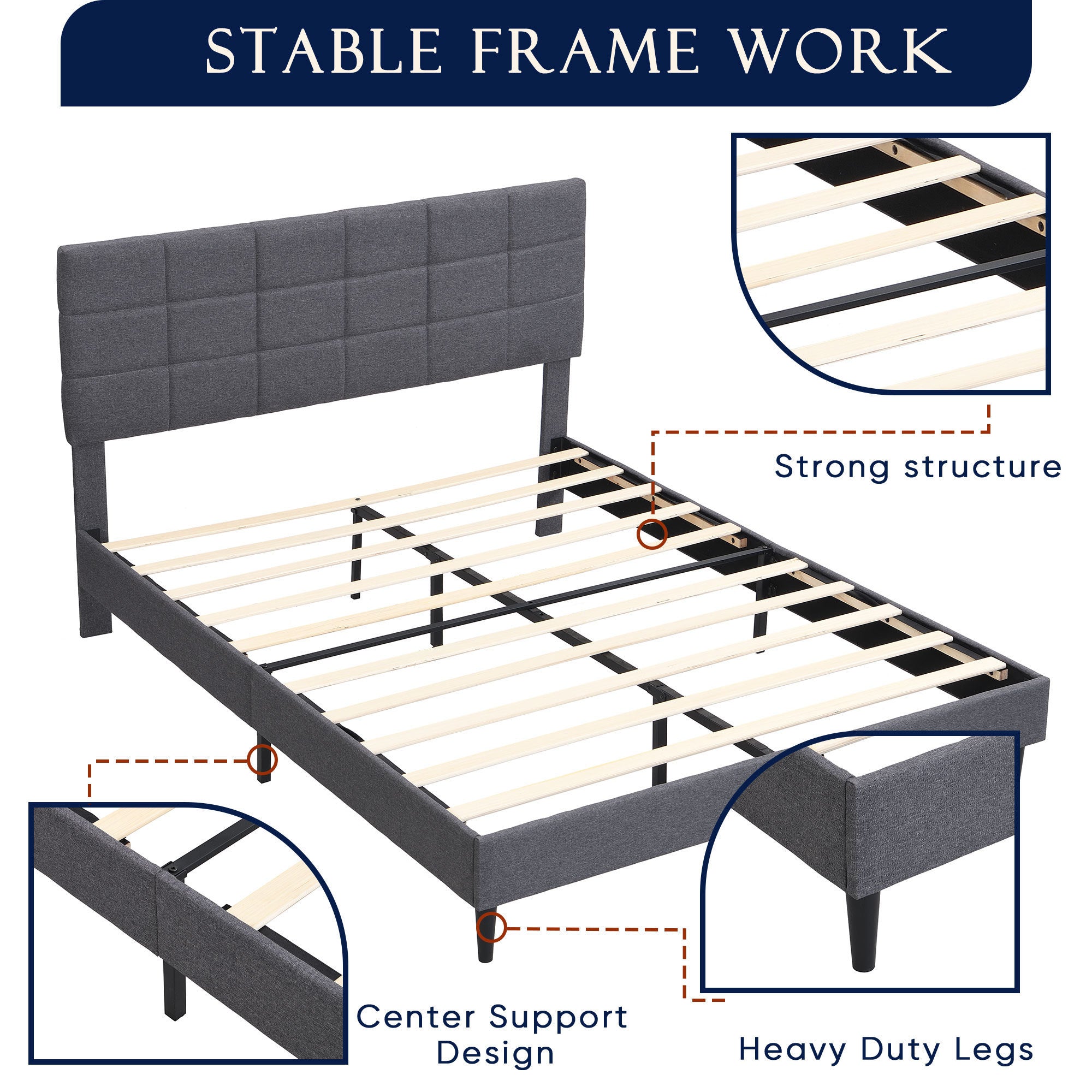 Full Size Platform Bed Frame with Fabric Upholstered Headboard and Wooden Slats, No Box Spring Needed/Easy Assembly, Grey - Atlantic Fine Furniture Melbourne FL