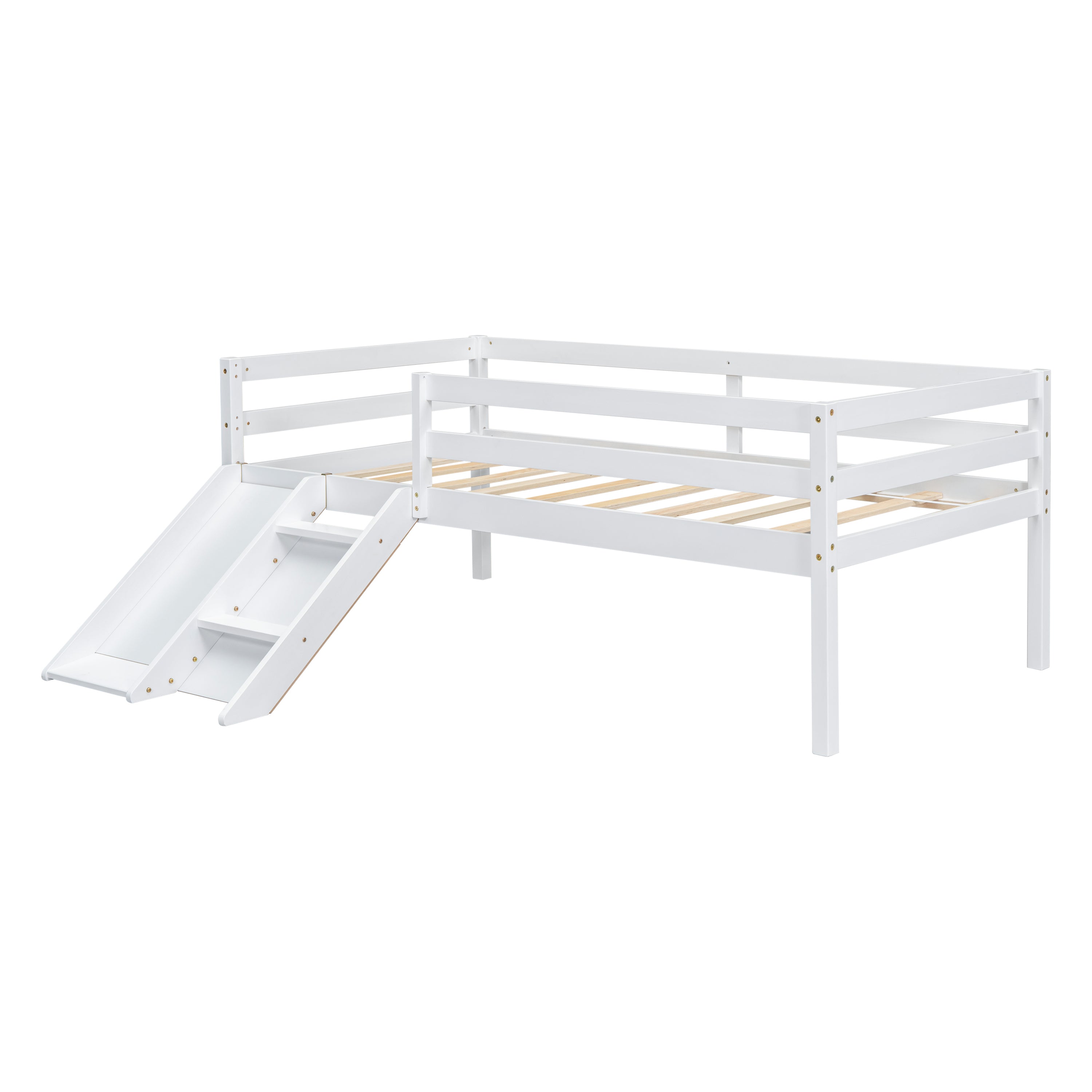Twin Low Loft Bed with Slide, Ladder, Safety Guardrails, No Box Spring Needed,White