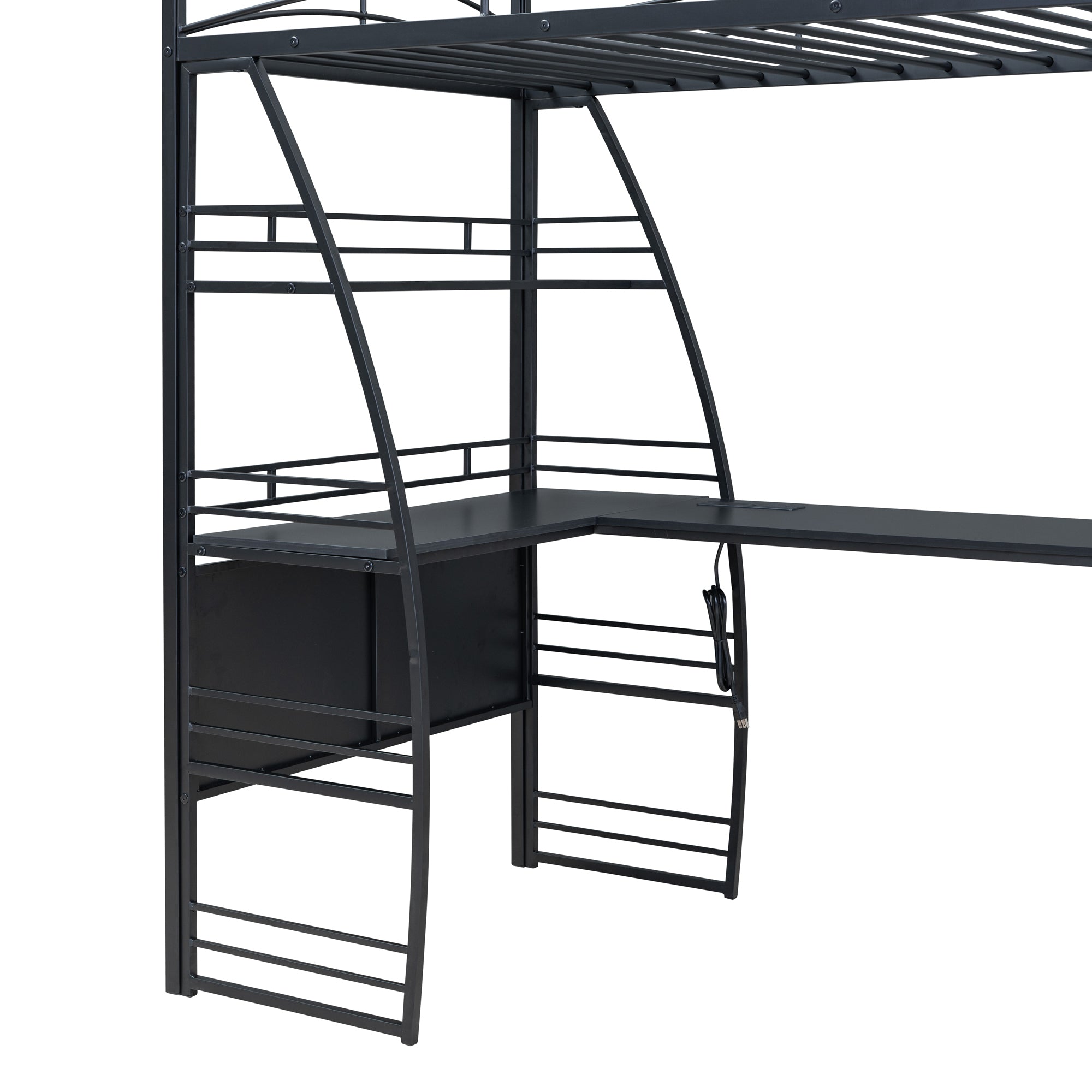 Twin Size Loft Bed with 4 Layers of Shelves and L-shaped Desk, Stylish Metal Frame Bed with a set of Sockets, USB Ports and Wireless Charging, Black - Atlantic Fine Furniture Melbourne FL