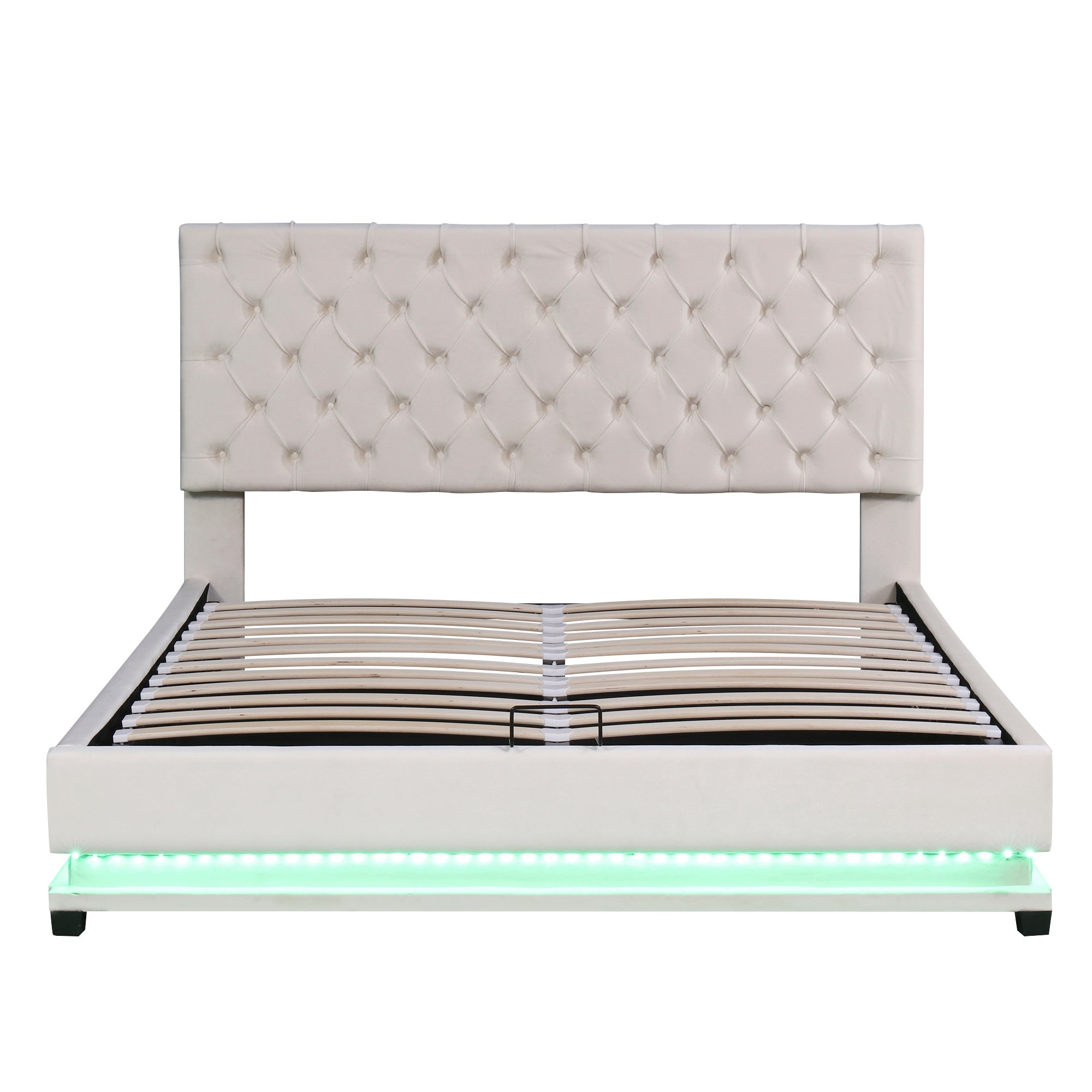 Queen Size Storage Upholstered Platform Bed with Adjustable Tufted Headboard and LED Light, Beige - Atlantic Fine Furniture Melbourne FL