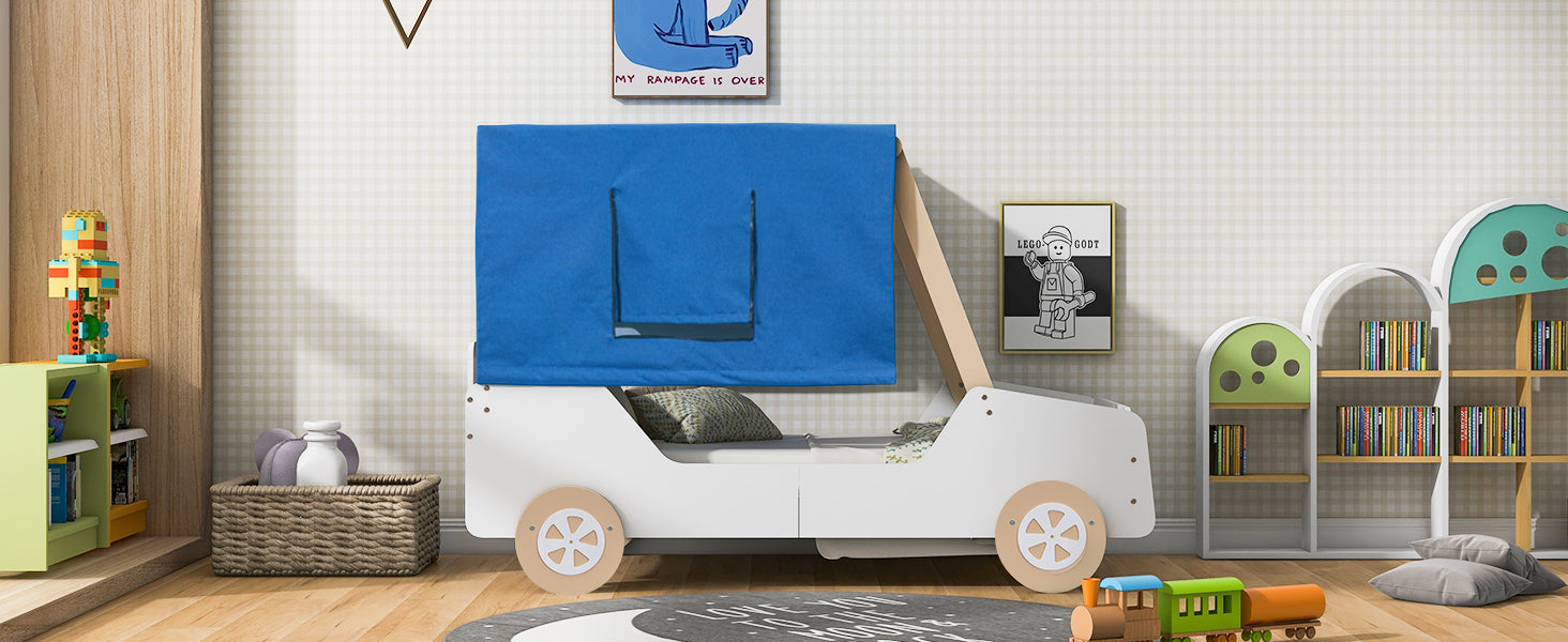 Twin Size Car Shaped Bed with Tents,White+Natural - Atlantic Fine Furniture Melbourne FL