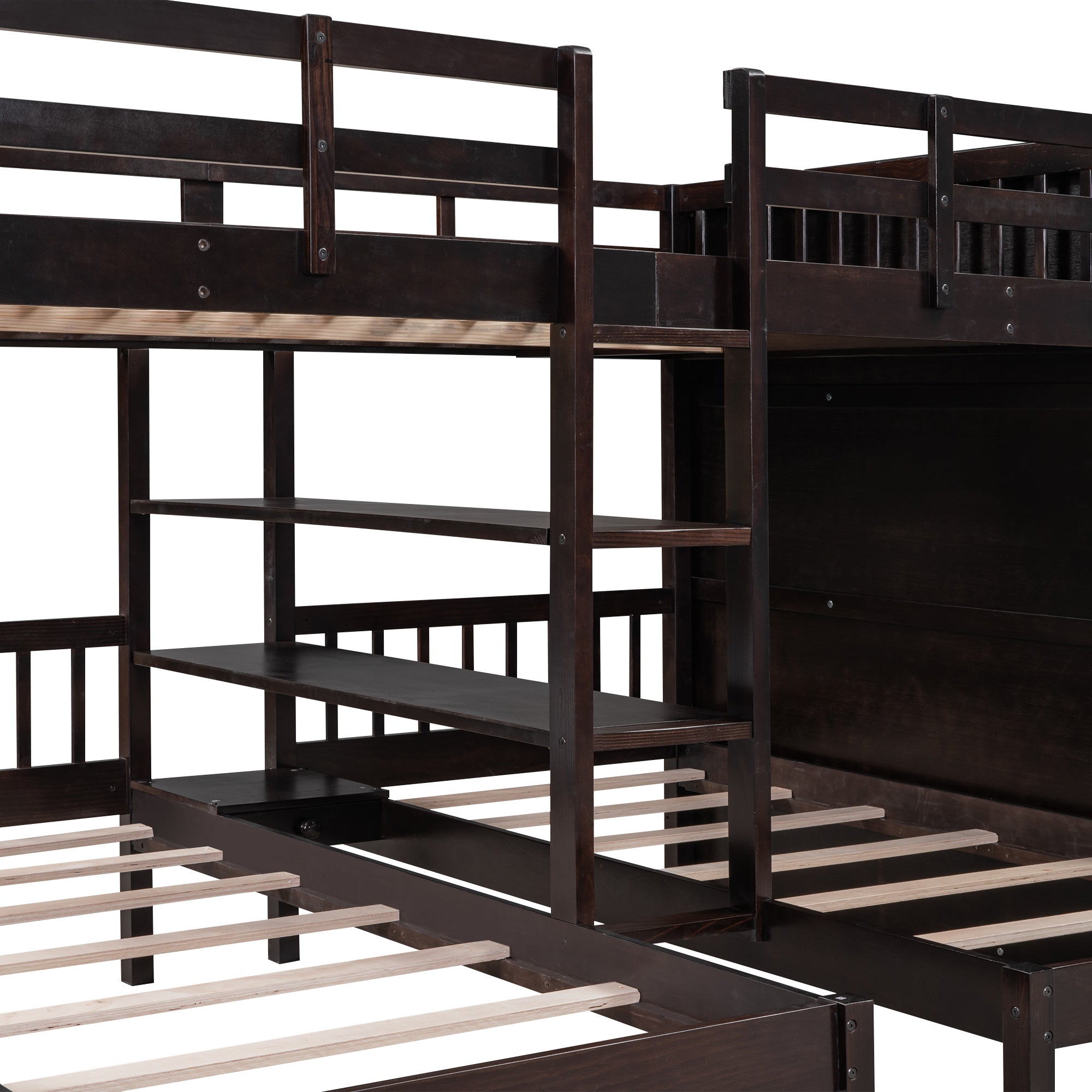 Full-Over-Twin-Twin Bunk Bed with Shelves, Wardrobe and Mirror, Espresso - Atlantic Fine Furniture Melbourne FL