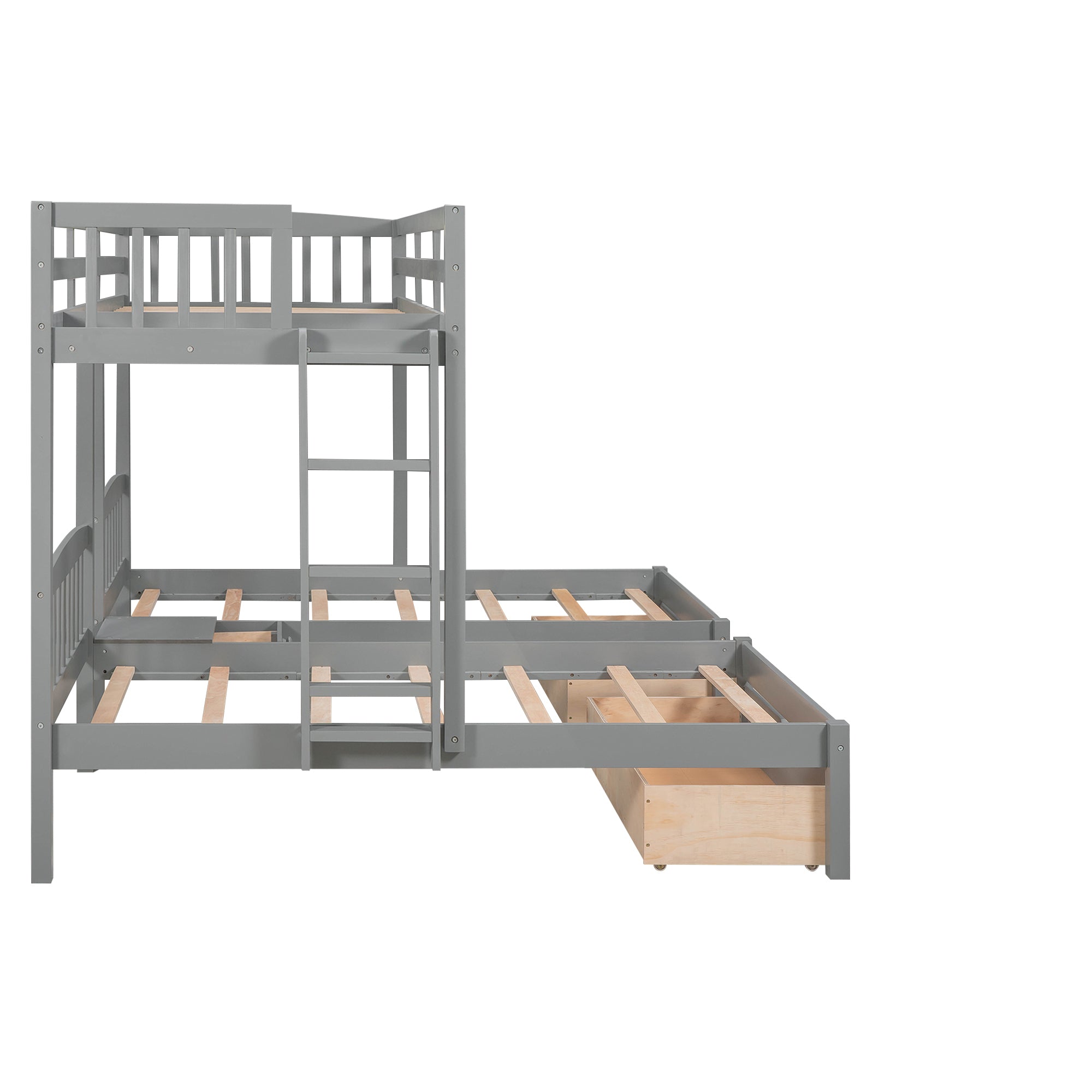 Twin over Twin & Twin Bunk Bed with Two Drawers and Built-in Middle Drawer, Gray - Atlantic Fine Furniture Melbourne FL
