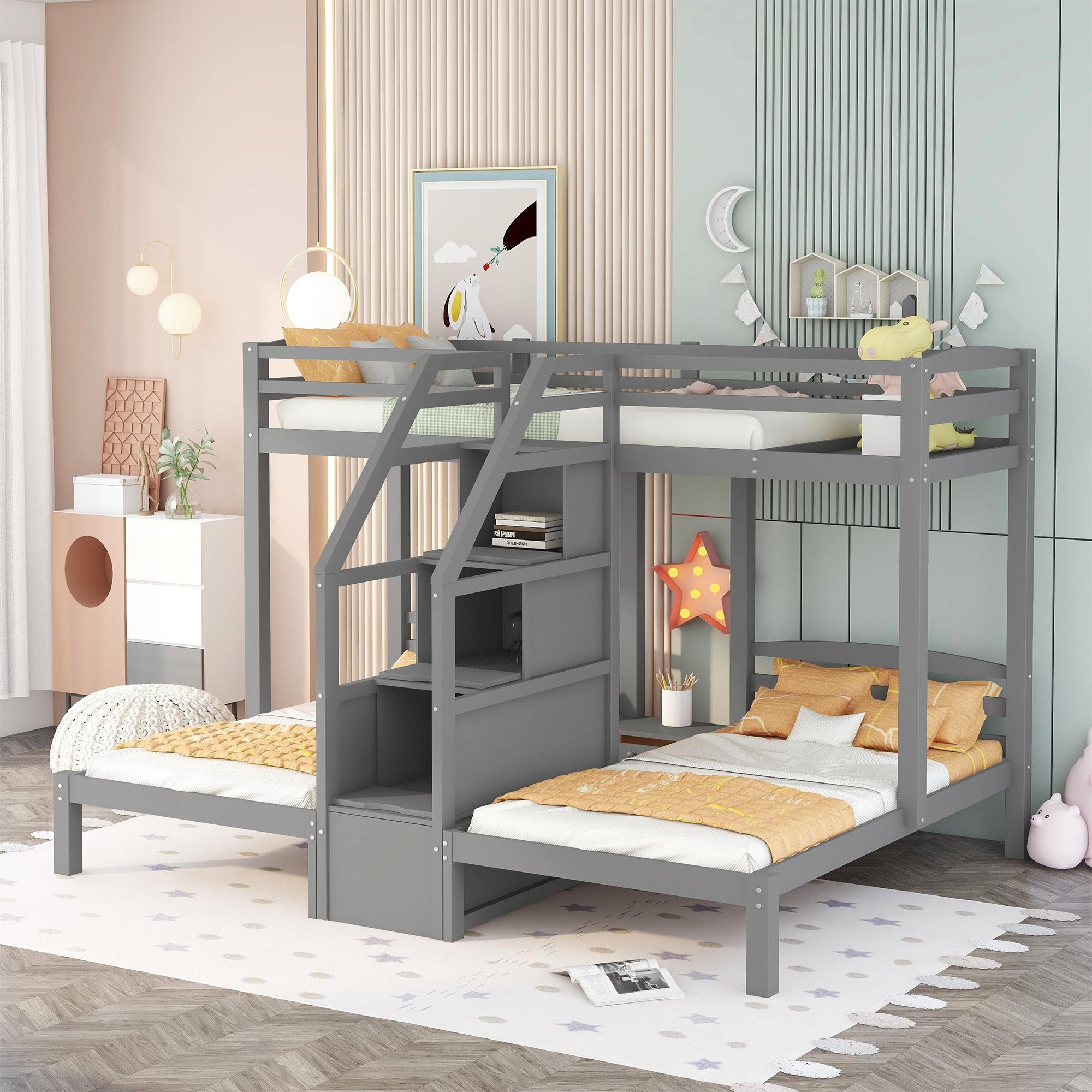 Twin over Twin & Twin Bunk Bed with Built-in Staircase and Storage Drawer,Gray - Atlantic Fine Furniture Melbourne FL