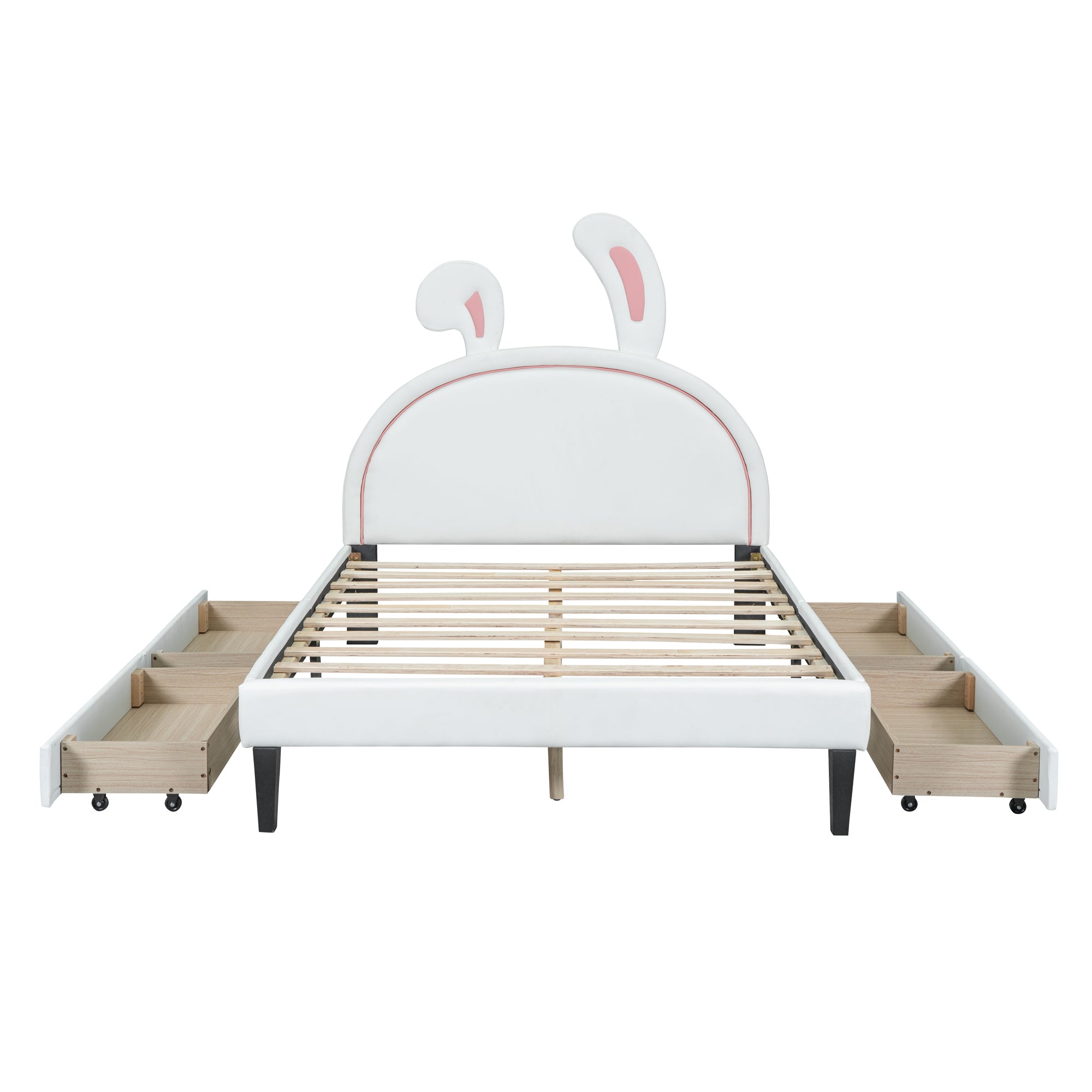 Full Size Upholstered Leather Platform Bed with Rabbit Ornament and 4 Drawers, White - Atlantic Fine Furniture Melbourne FL