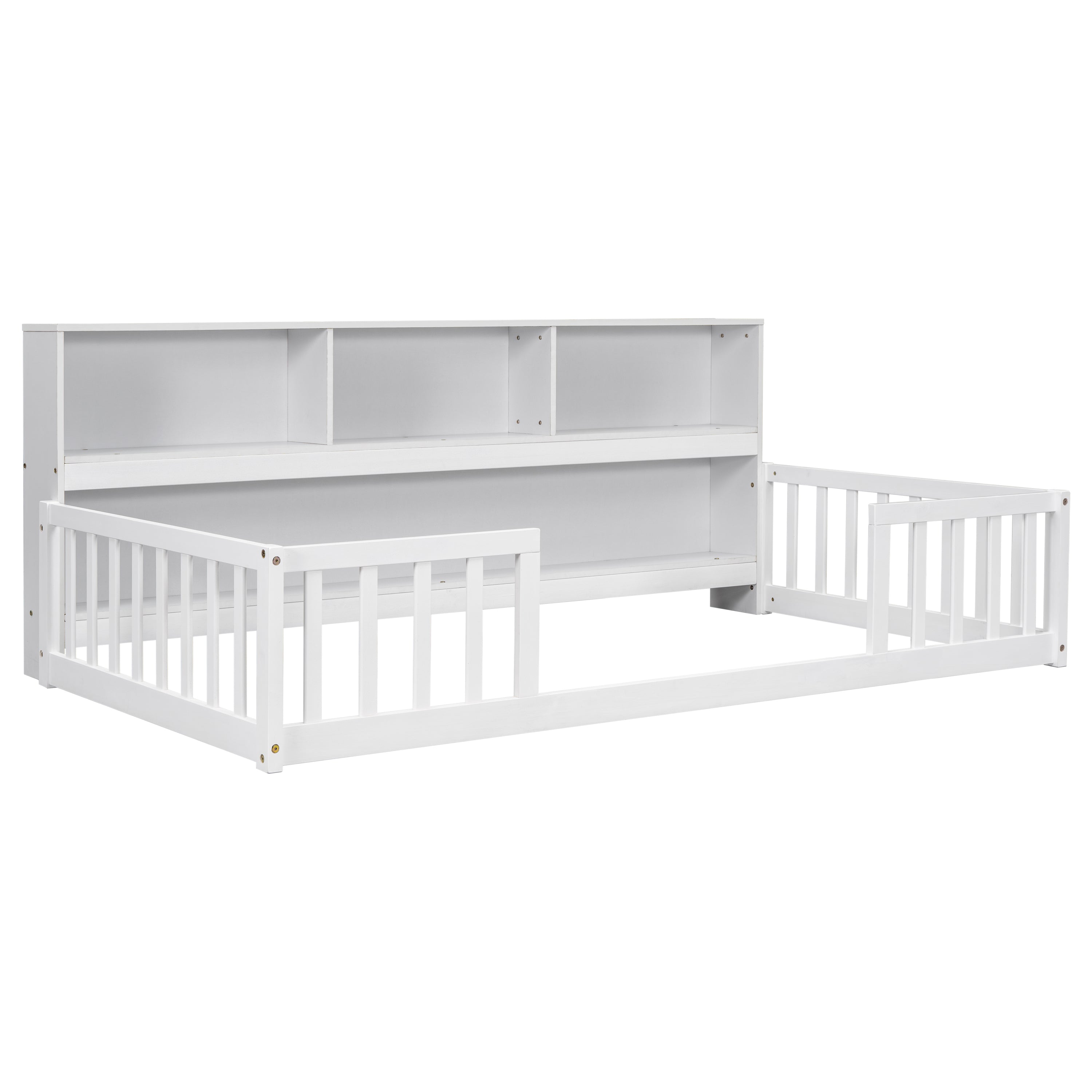 Twin Floor Bed with Bedside Bookcase,Shelves,Guardrails,White